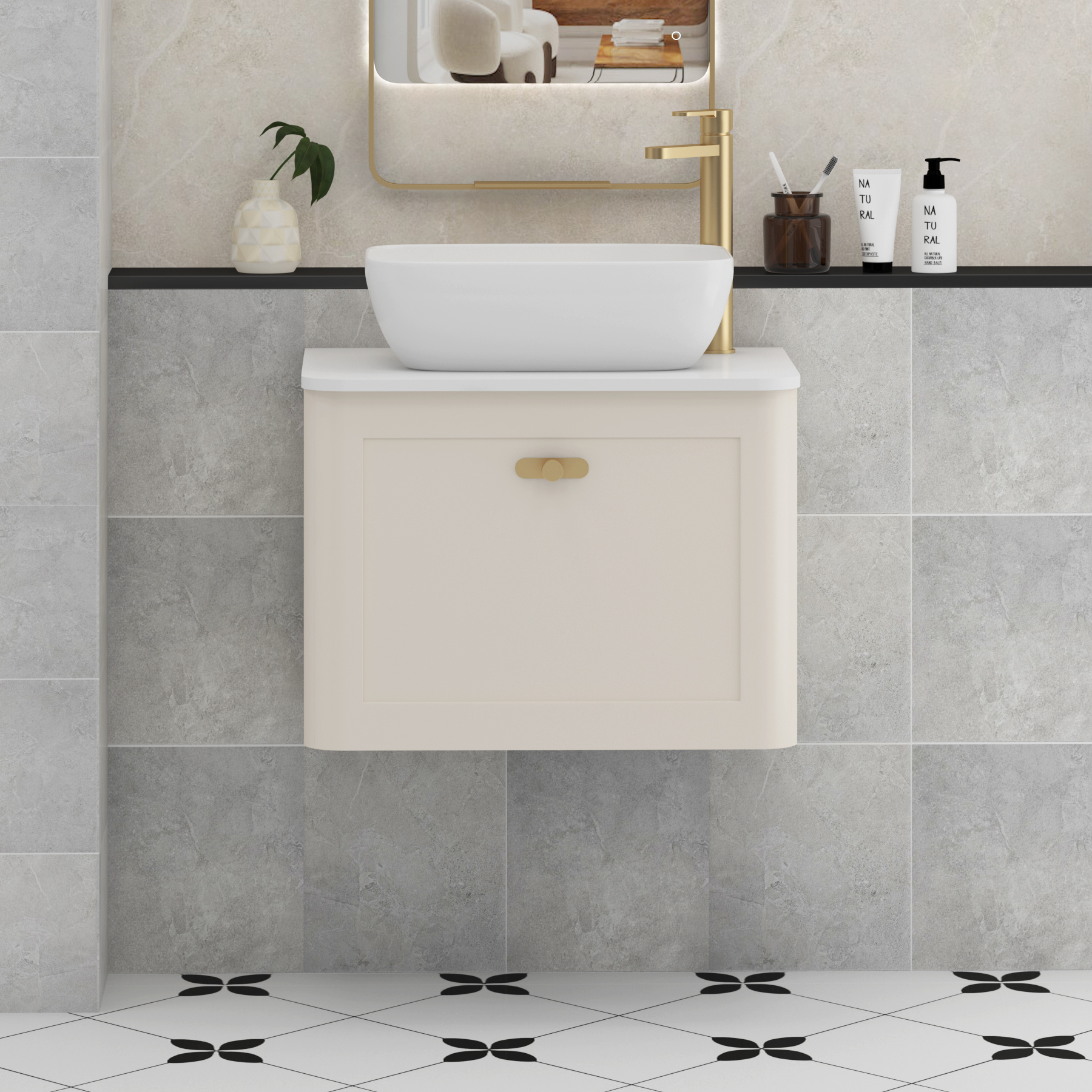Henley Mushroom Cashmere Wall Hung Vanity Unit 1 Drawer with Plain White Worktop & Various Basins & Knobs