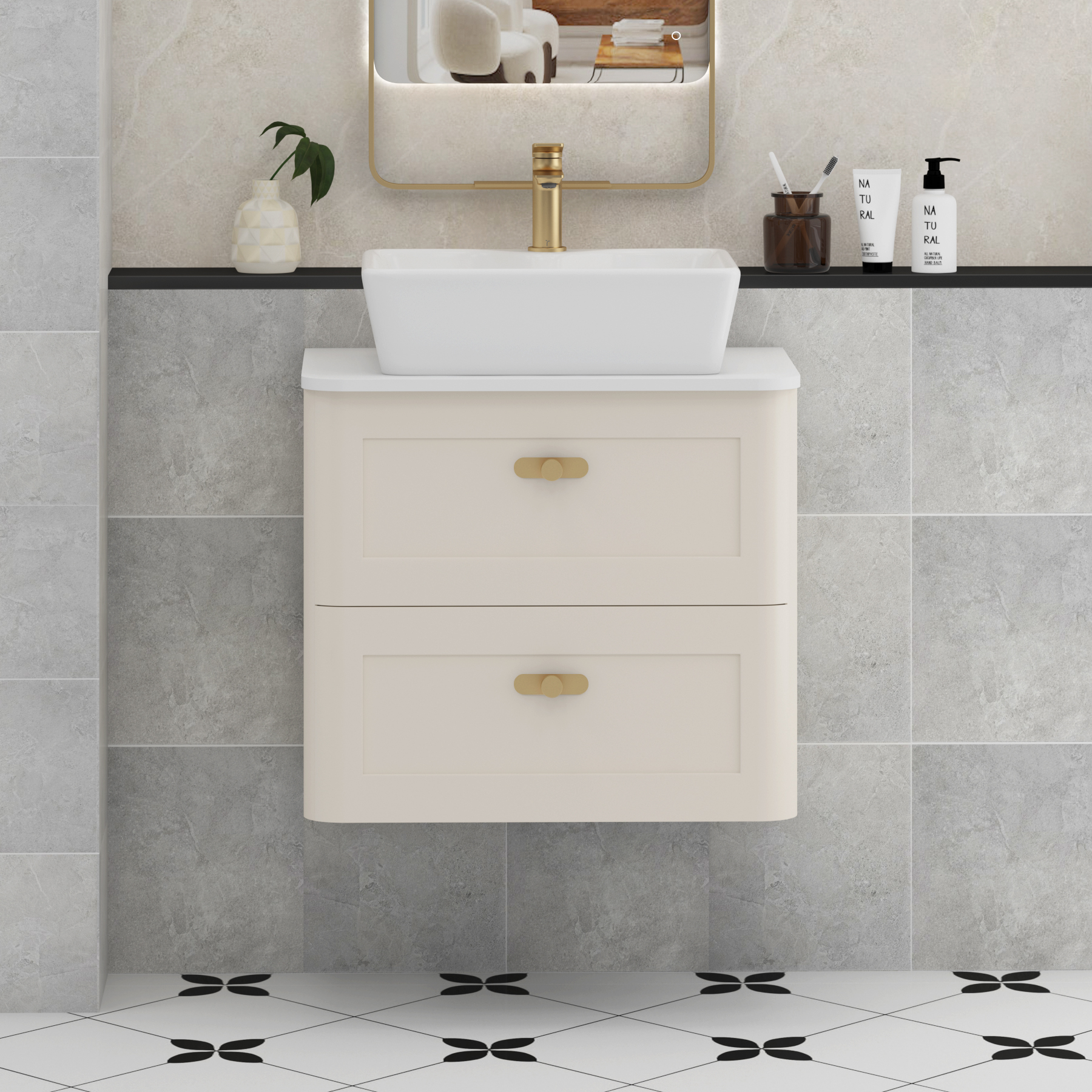 Henley Mushroom Cashmere Wall Hung Vanity Unit 2 Drawer with Plain White Worktop & Various Basins & Knobs