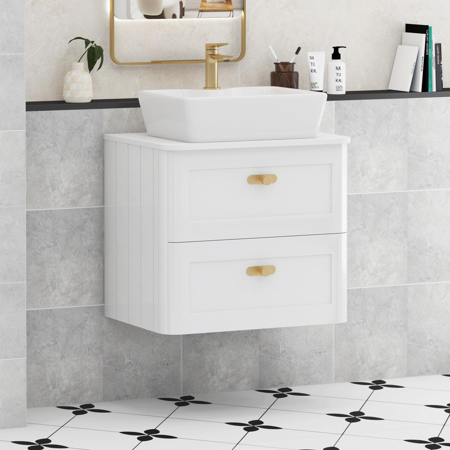 Henley Gloss White Wall Hung Vanity Unit 2 Drawer with Plain White Worktop & Various Basins & Knobs
