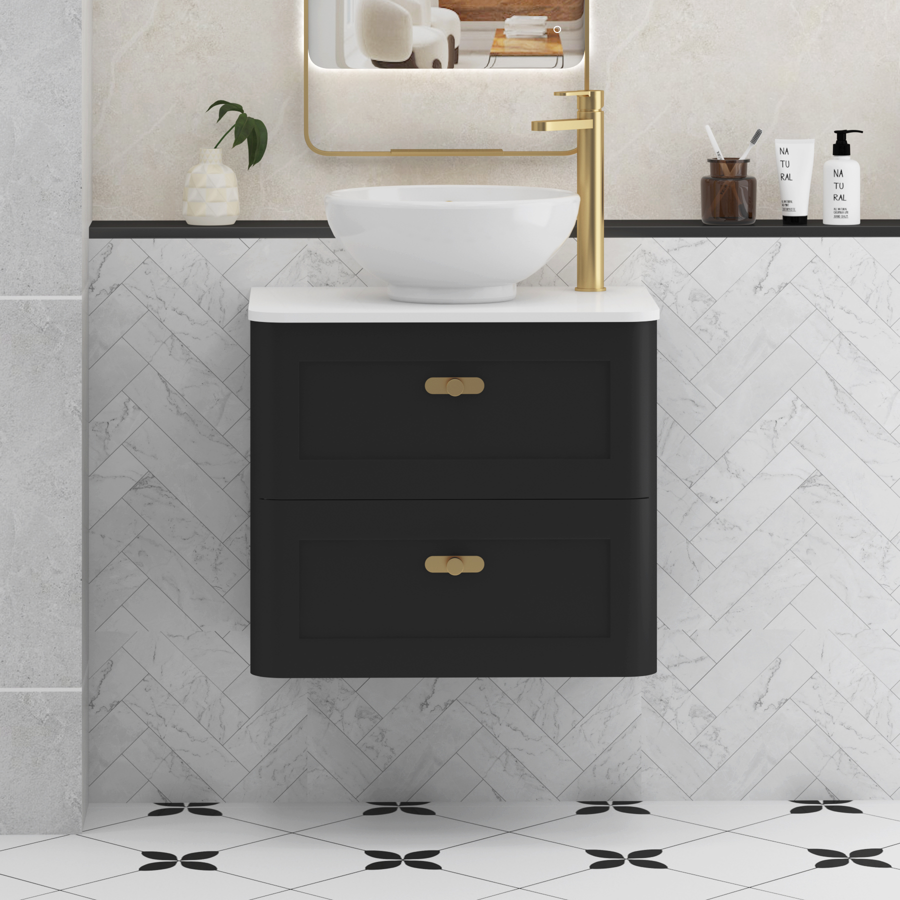 Henley Matt Nocturne Black Wall Hung Vanity Unit 2 Drawer with Plain White Worktop & Various Basins & Knobs