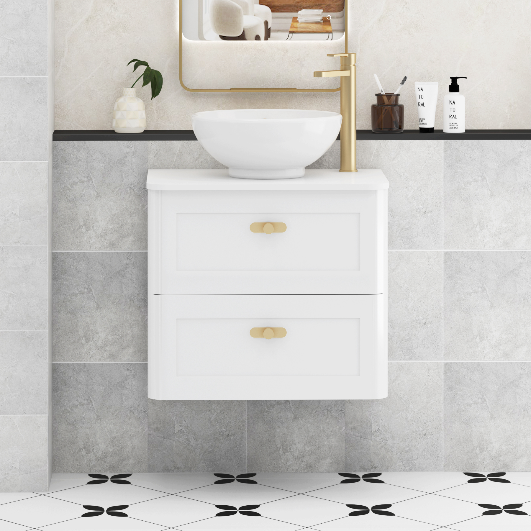 Henley Gloss White Wall Hung Vanity Unit 2 Drawer with Plain White Worktop & Various Basins & Knobs