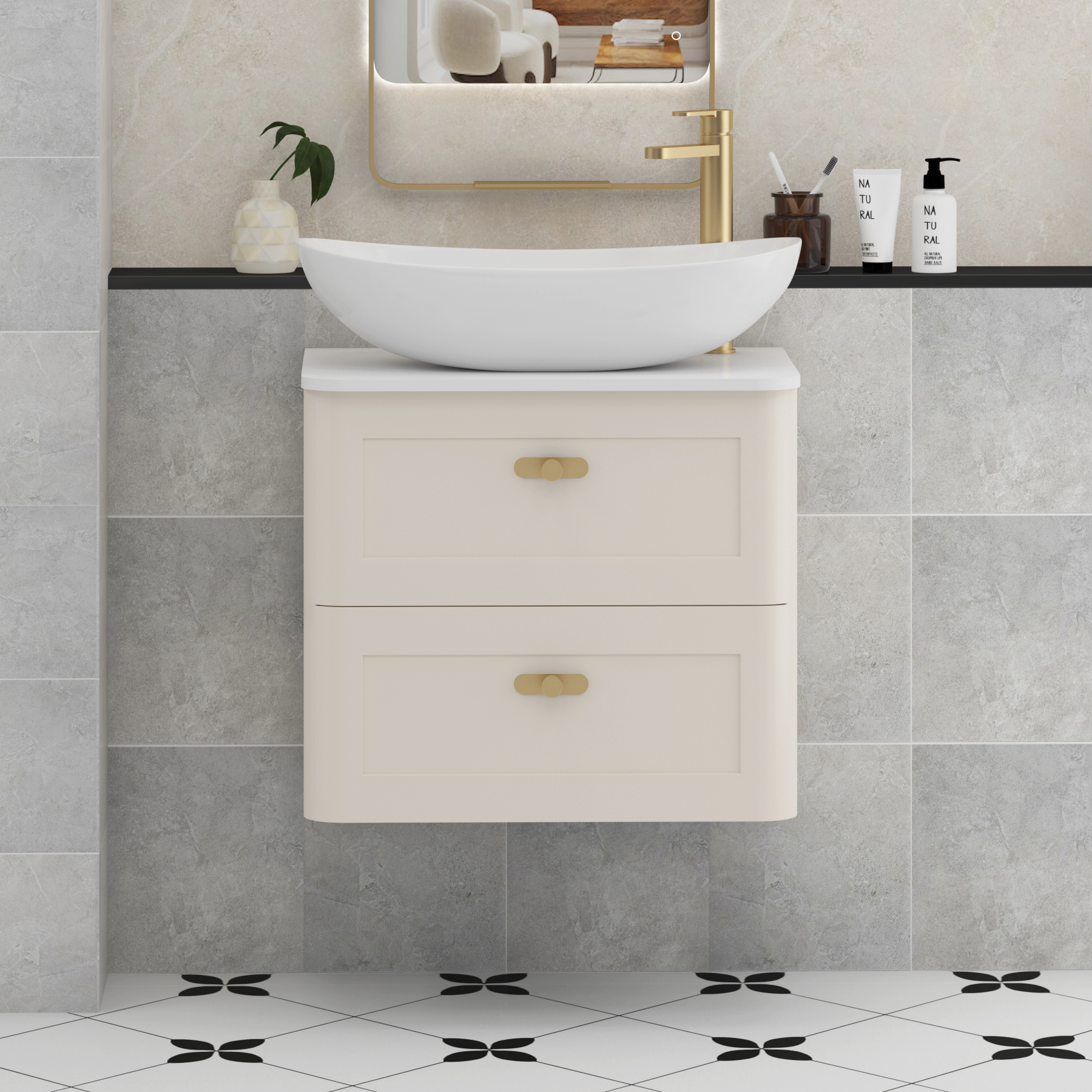 Henley Mushroom Cashmere Wall Hung Vanity Unit 2 Drawer with Plain White Worktop & Various Basins & Knobs
