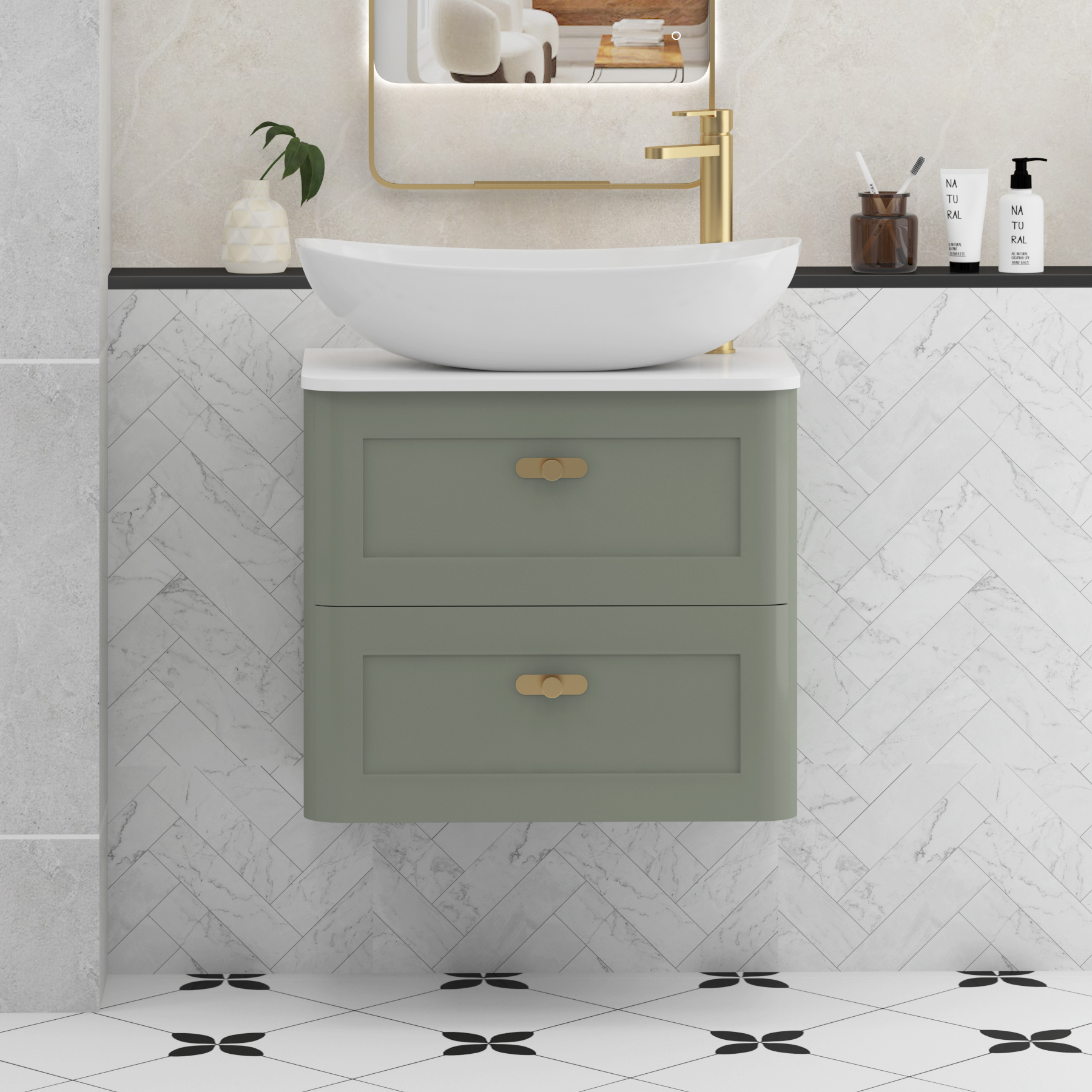 Henley Sage Green Wall Hung Vanity Unit 2 Drawer with Plain White Worktop & Various Basins & Knobs