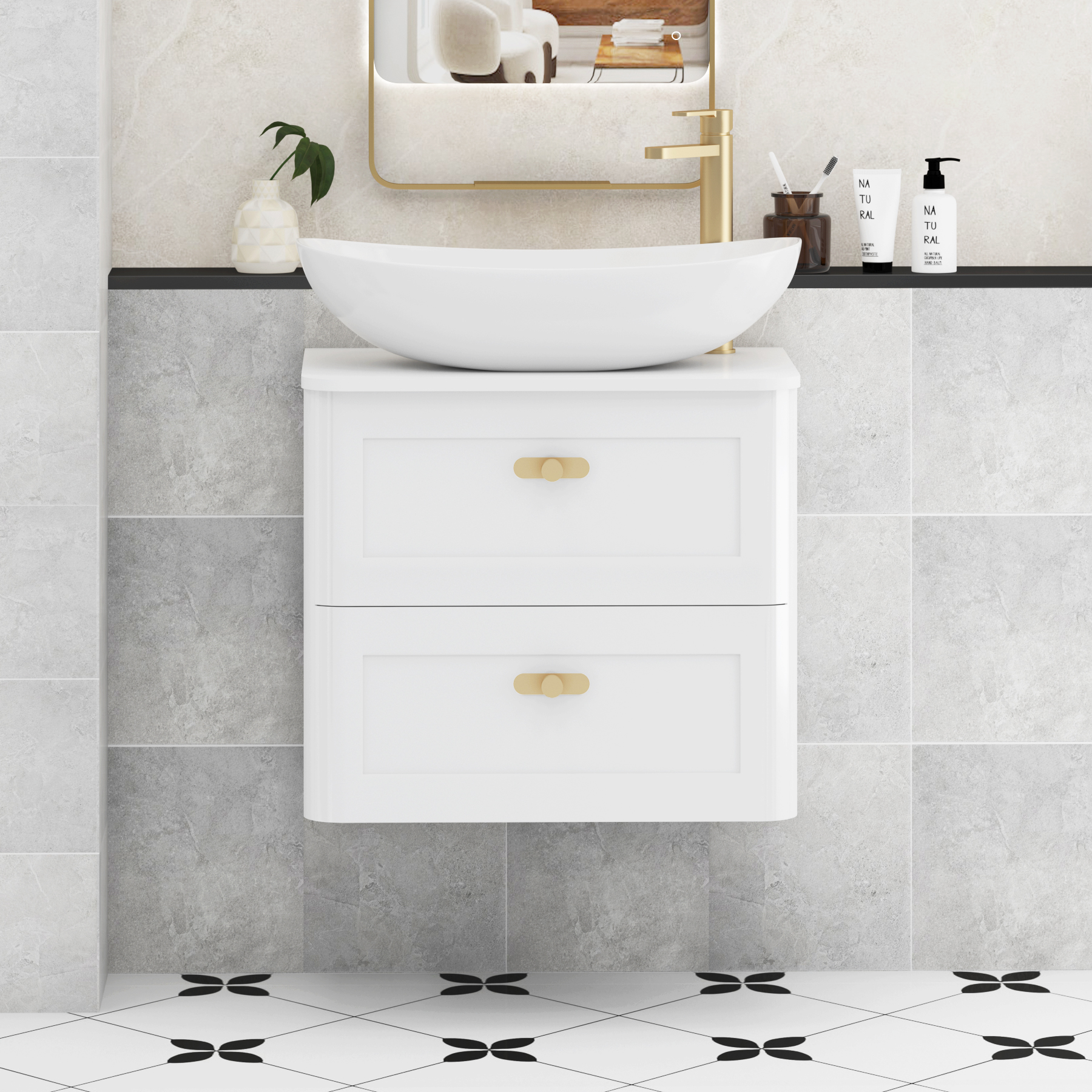 Henley Gloss White Wall Hung Vanity Unit 2 Drawer with Plain White Worktop & Various Basins & Knobs
