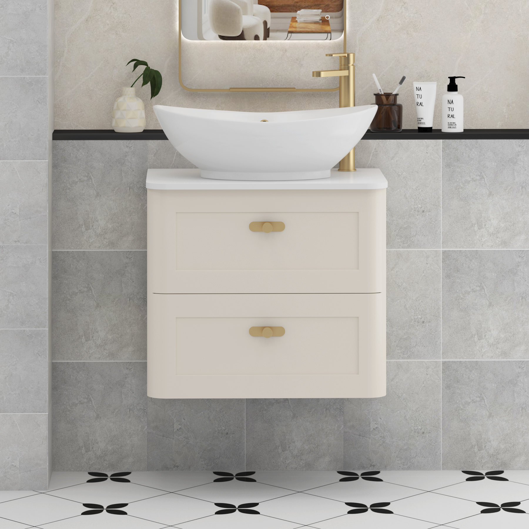 Henley Mushroom Cashmere Wall Hung Vanity Unit 2 Drawer with Plain White Worktop & Various Basins & Knobs