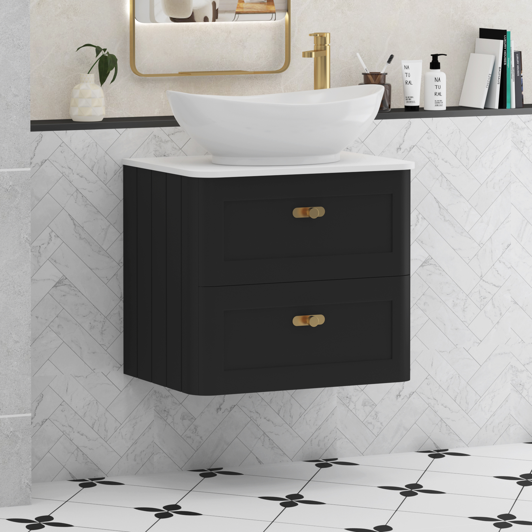 Henley 2 Drawer Wall Hung Vanity Unit – Multiple Sizes, Colours, Knobs, Worktop & Basins Options