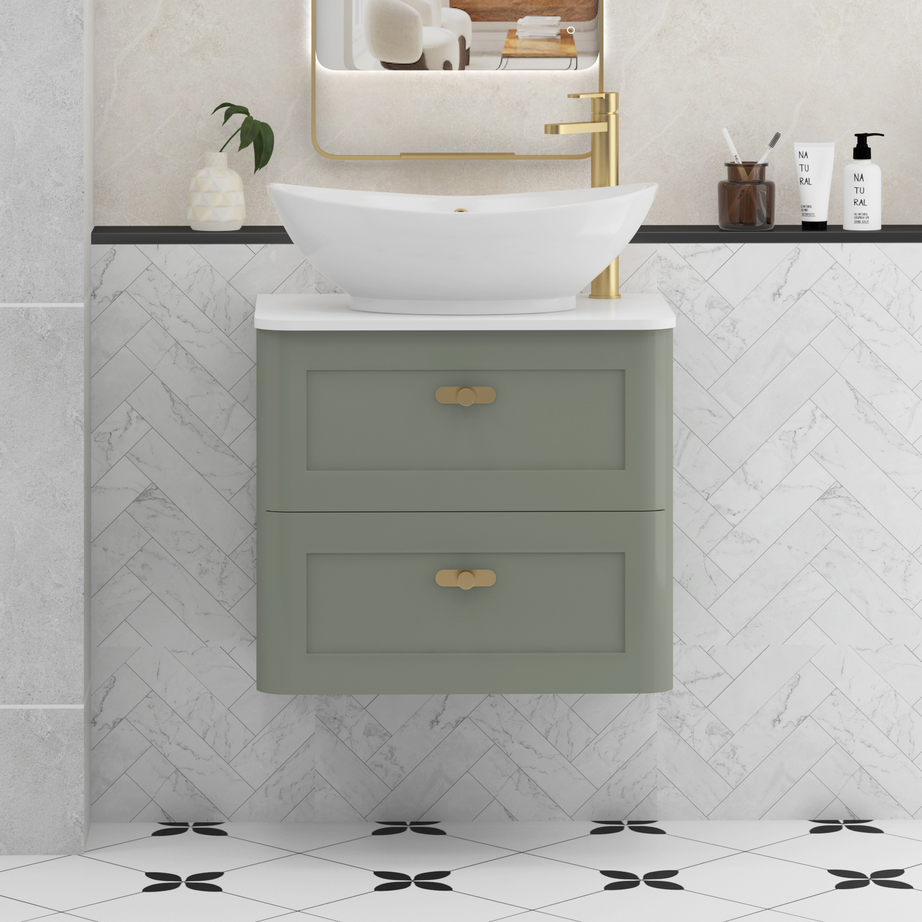 Henley Sage Green Wall Hung Vanity Unit 2 Drawer with Plain White Worktop & Various Basins & Knobs