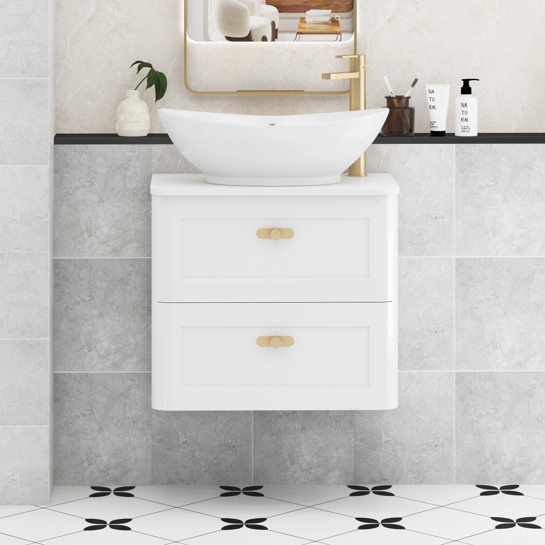 Henley Gloss White Wall Hung Vanity Unit 2 Drawer with Plain White Worktop & Various Basins & Knobs