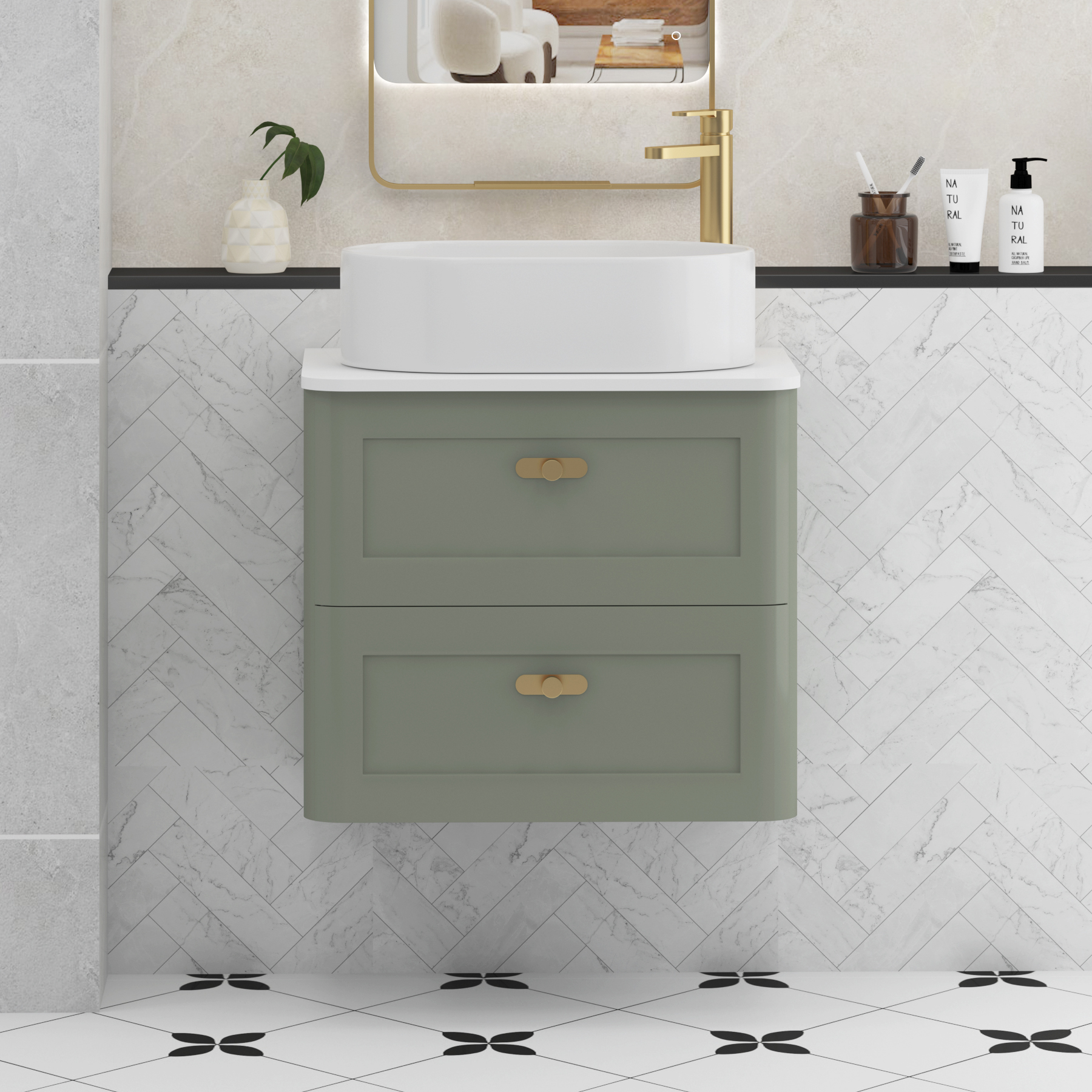Henley Sage Green Wall Hung Vanity Unit 2 Drawer with Plain White Worktop & Various Basins & Knobs