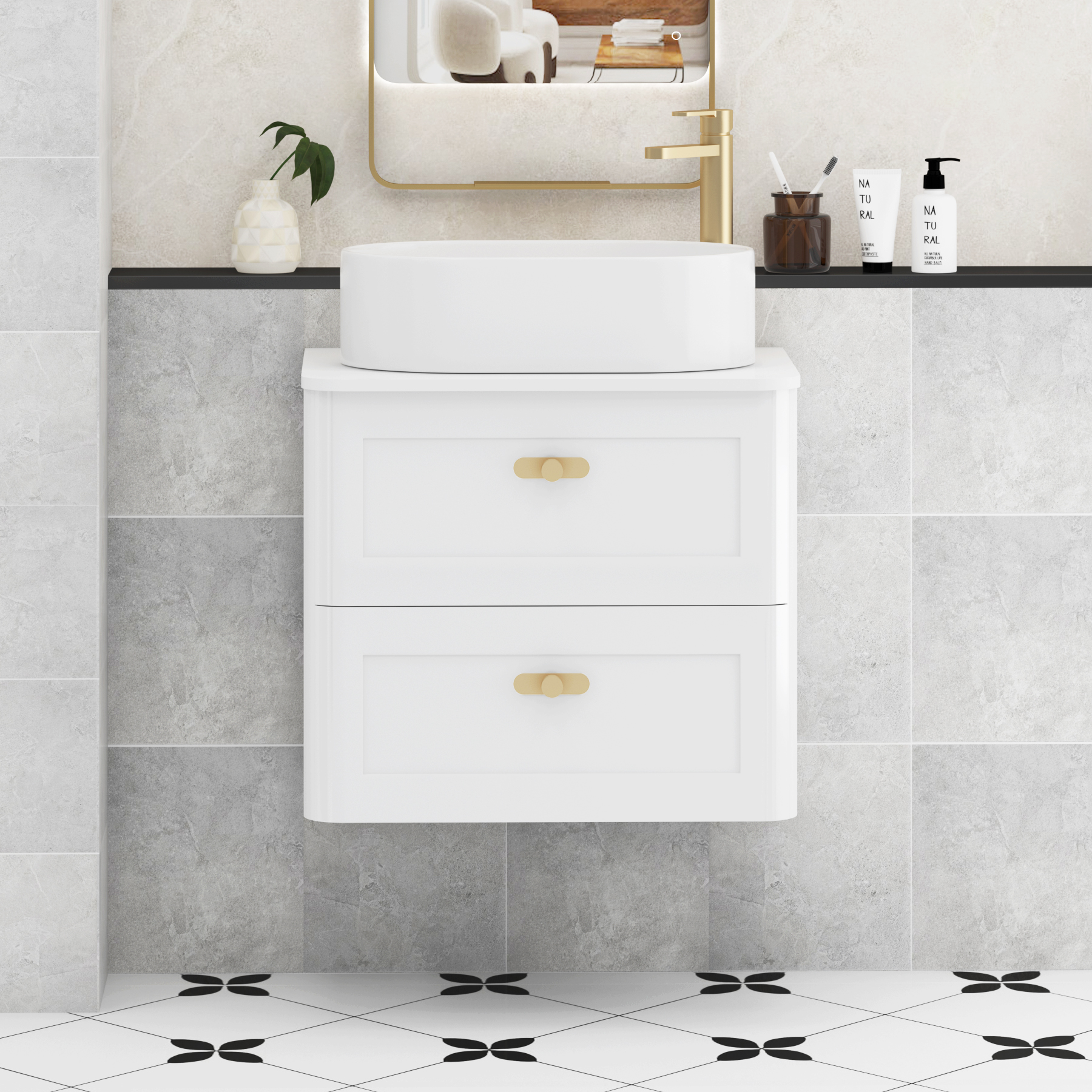 Henley Gloss White Wall Hung Vanity Unit 2 Drawer with Plain White Worktop & Various Basins & Knobs