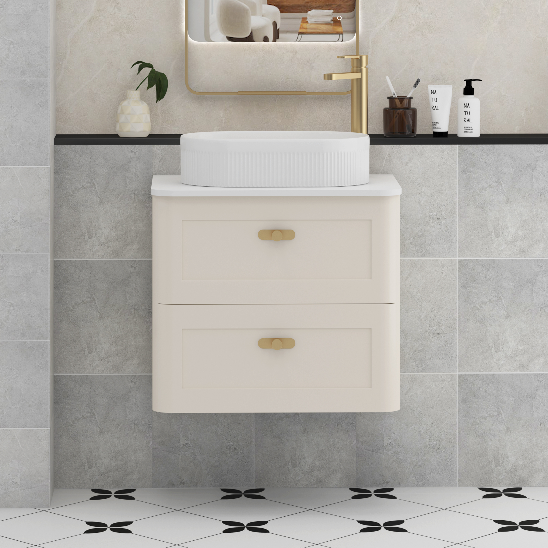 Henley Mushroom Cashmere Wall Hung Vanity Unit 2 Drawer with Plain White Worktop & Various Basins & Knobs