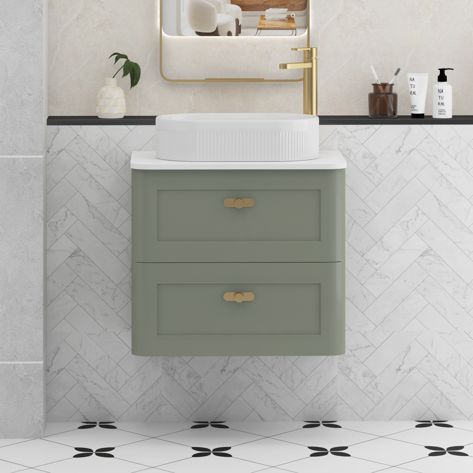 Henley Sage Green Wall Hung Vanity Unit 2 Drawer with Plain White Worktop & Various Basins & Knobs