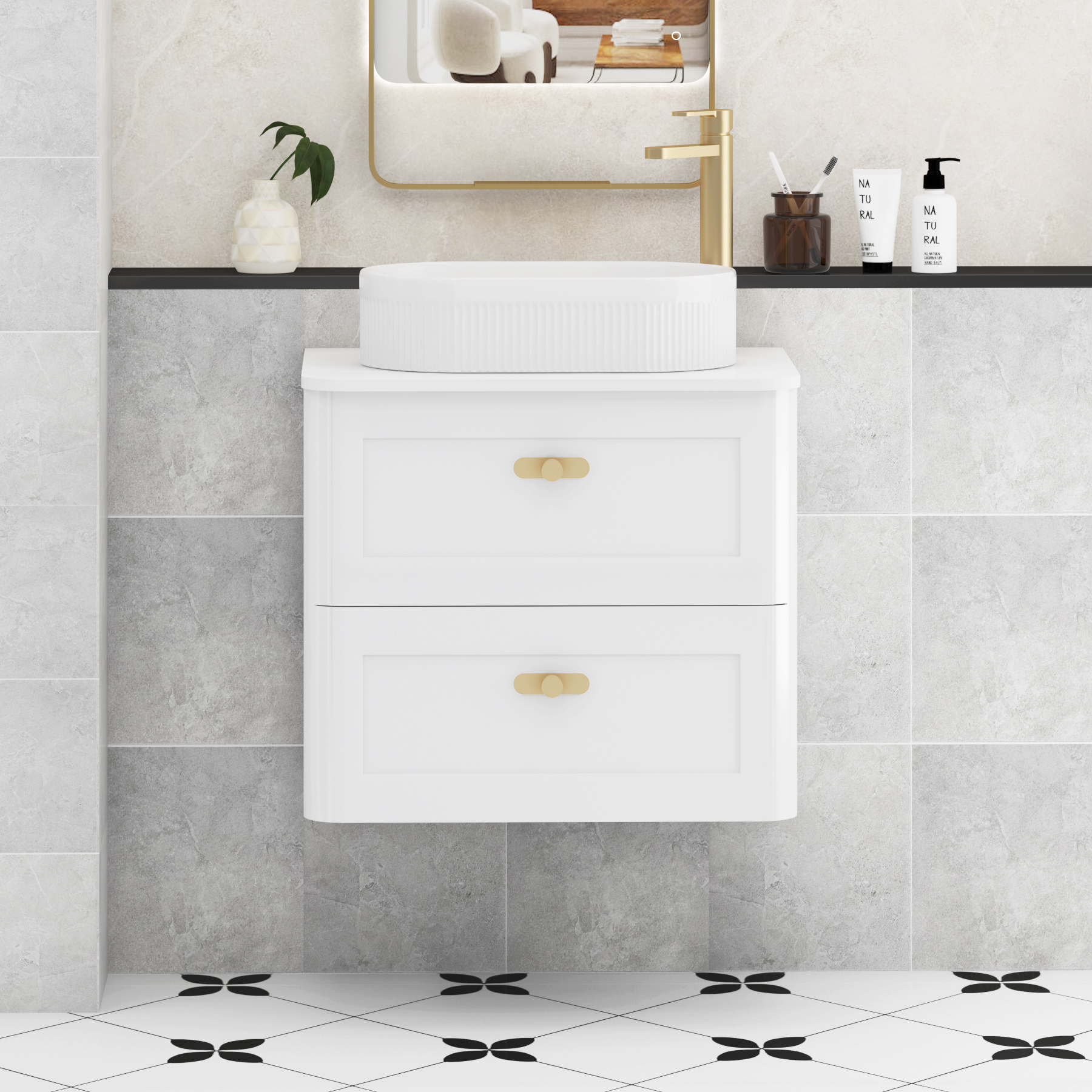 Henley Gloss White Wall Hung Vanity Unit 2 Drawer with Plain White Worktop & Various Basins & Knobs