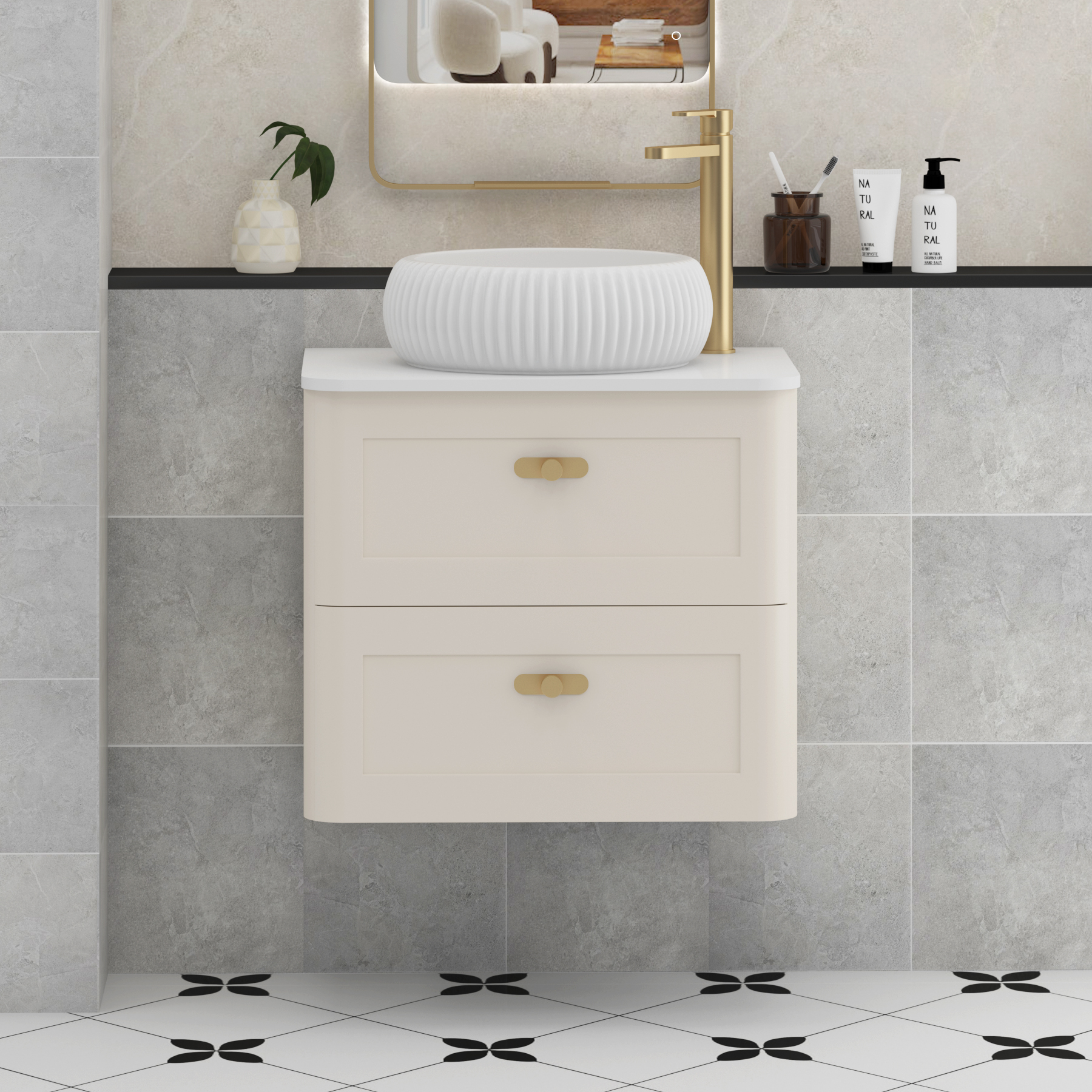 Henley Mushroom Cashmere Wall Hung Vanity Unit 2 Drawer with Plain White Worktop & Various Basins & Knobs