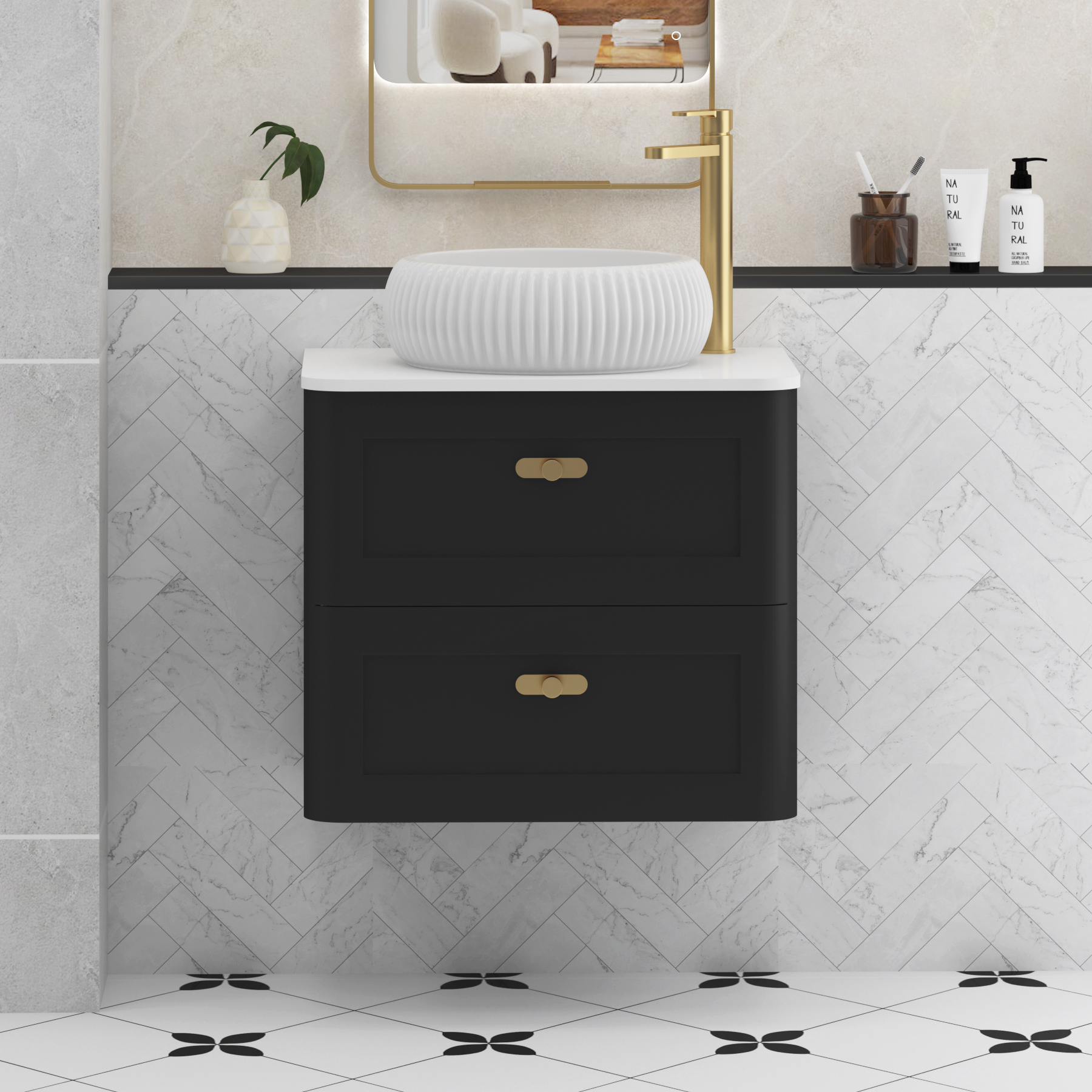 Henley Matt Nocturne Black Wall Hung Vanity Unit 2 Drawer with Plain White Worktop & Various Basins & Knobs