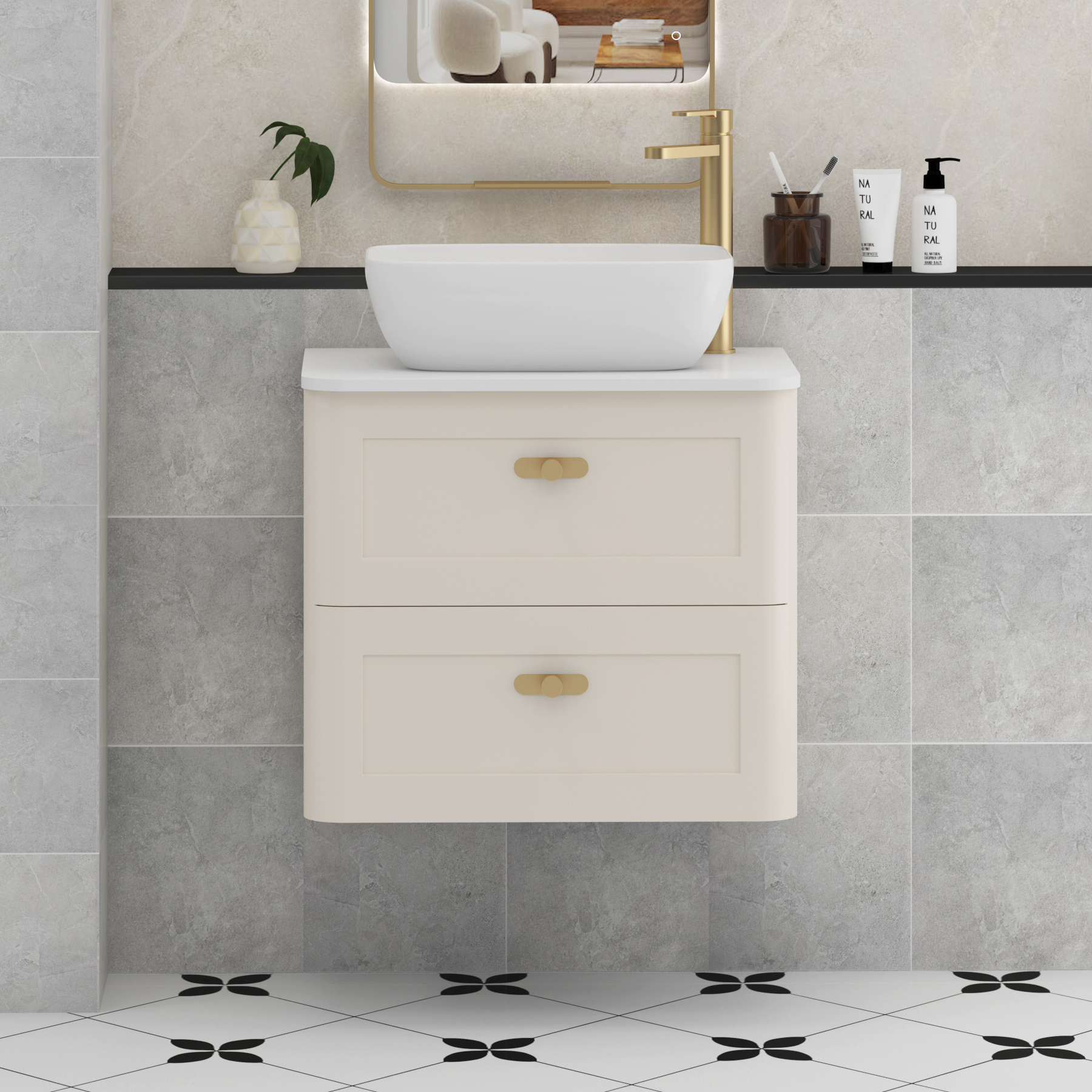 Henley Mushroom Cashmere Wall Hung Vanity Unit 2 Drawer with Plain White Worktop & Various Basins & Knobs