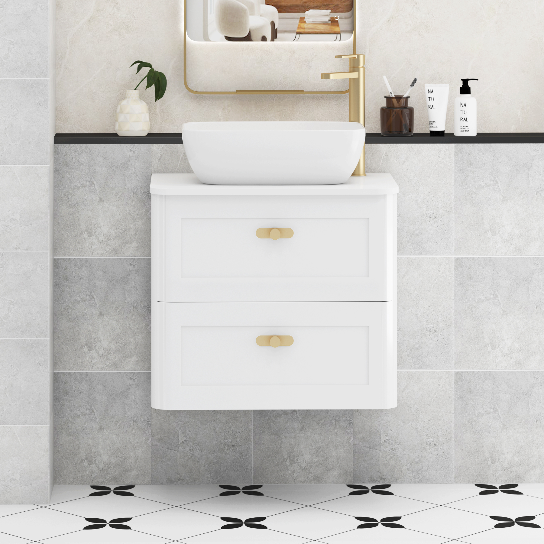 Henley Gloss White Wall Hung Vanity Unit 2 Drawer with Plain White Worktop & Various Basins & Knobs