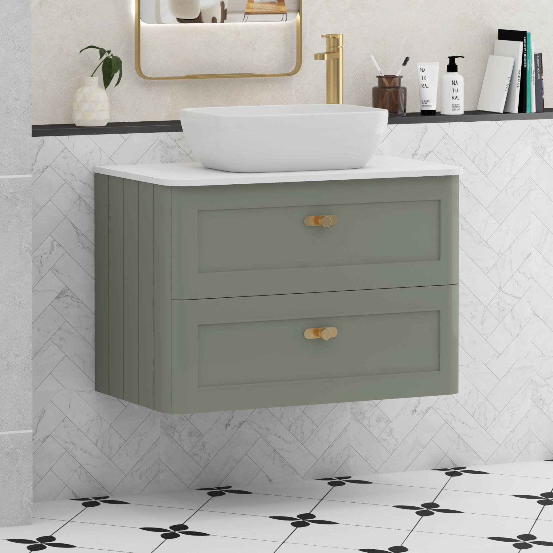 Henley 2 Drawer Wall Hung Vanity Unit – Multiple Sizes, Colours, Knobs, Worktop & Basins Options