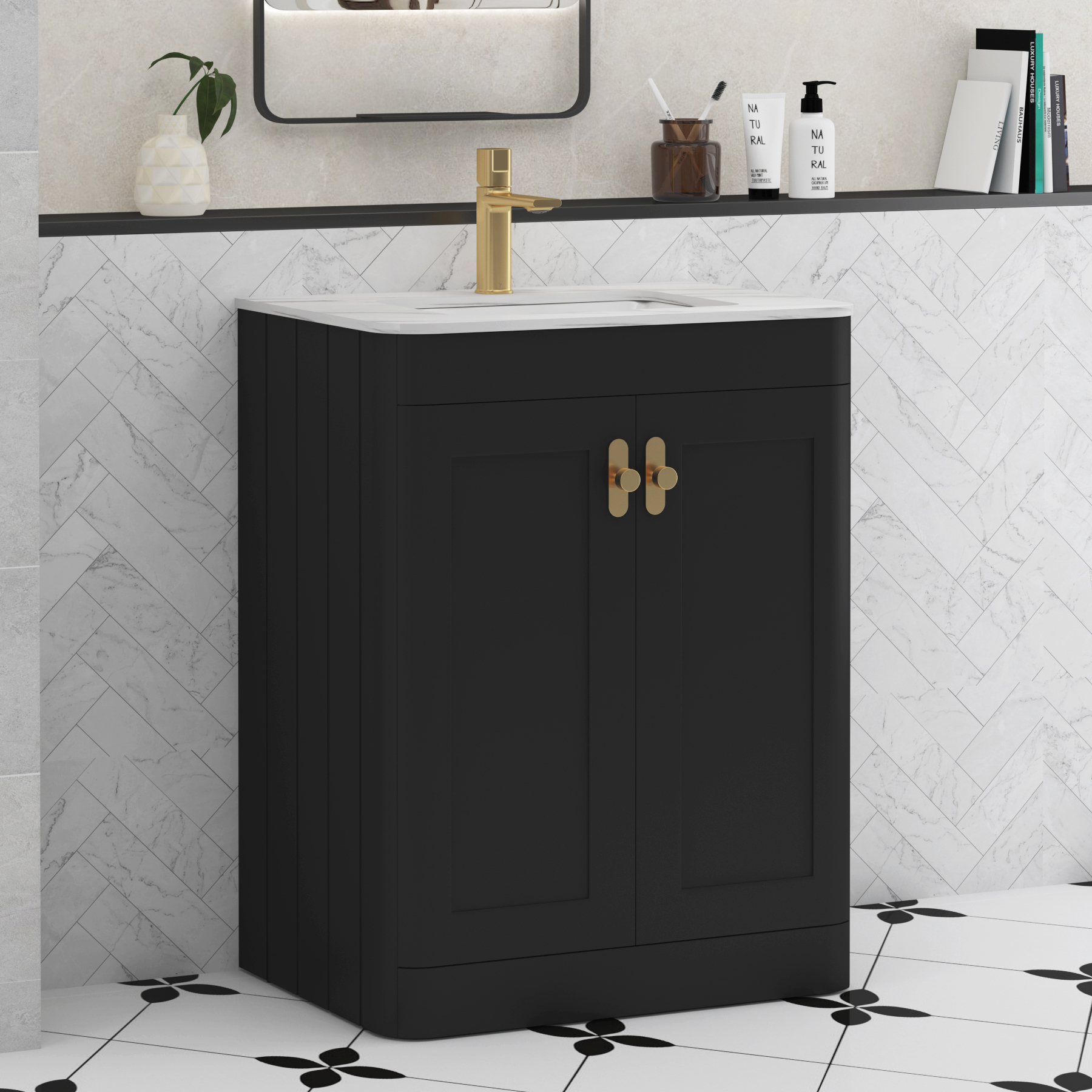 Henley Matt Nocturne Black 2 Door Floor Standing Vanity Unit with Optional Basin & Knobs