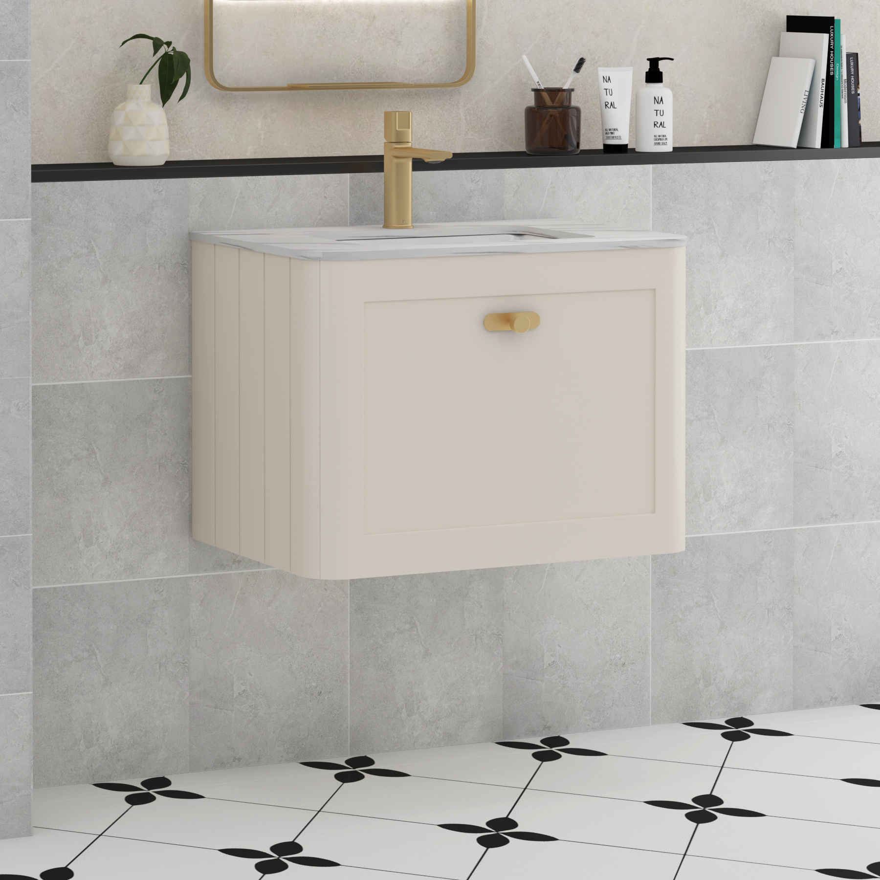 Henley Mushroom Cashmere 1 Drawer Wall Hung Vanity Unit with Optional Basin, Undrilled Worktop & Knobs