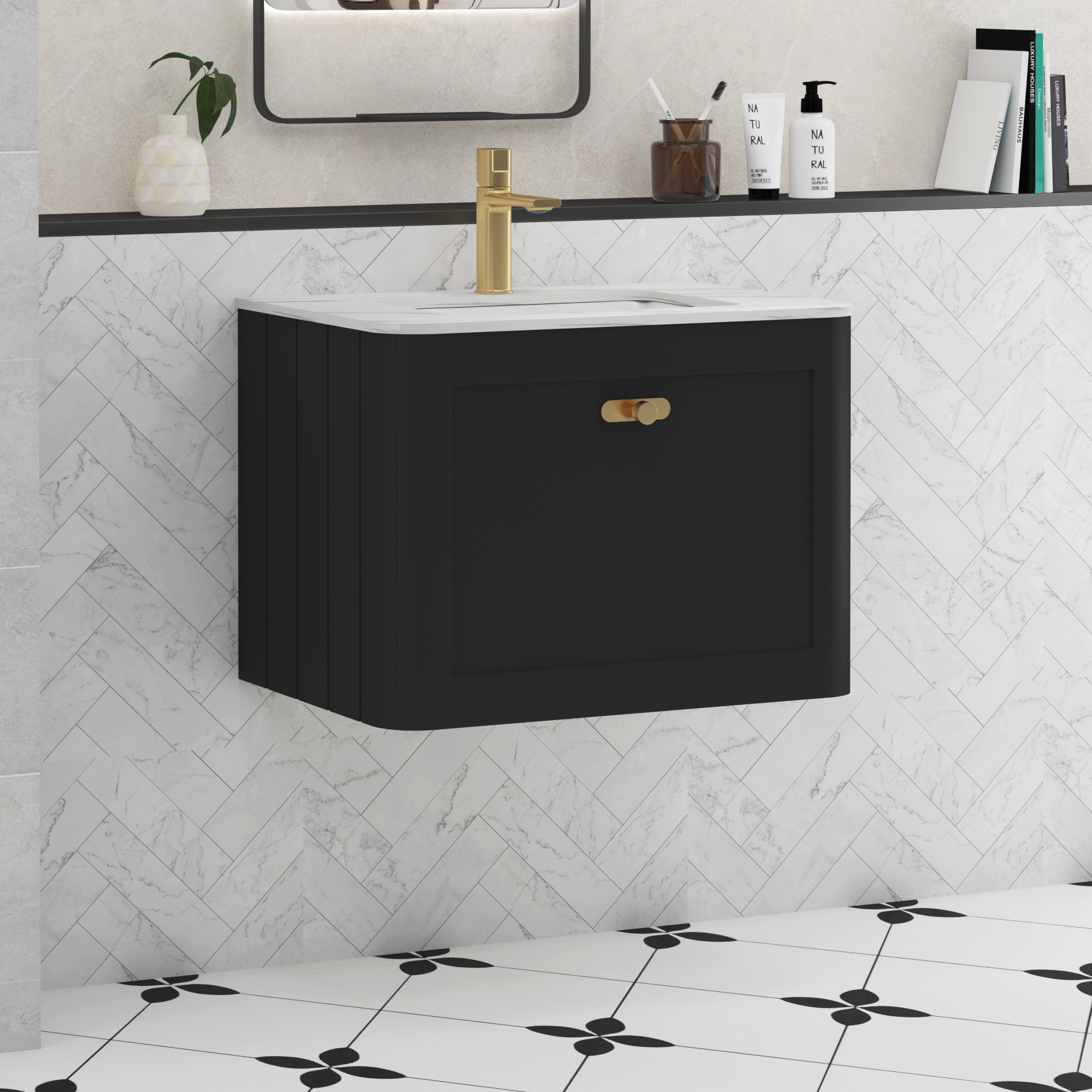 Henley Matt Nocturne Black 1 Drawer Wall Hung Vanity Unit with Optional Basin, Undrilled Worktop & Knobs