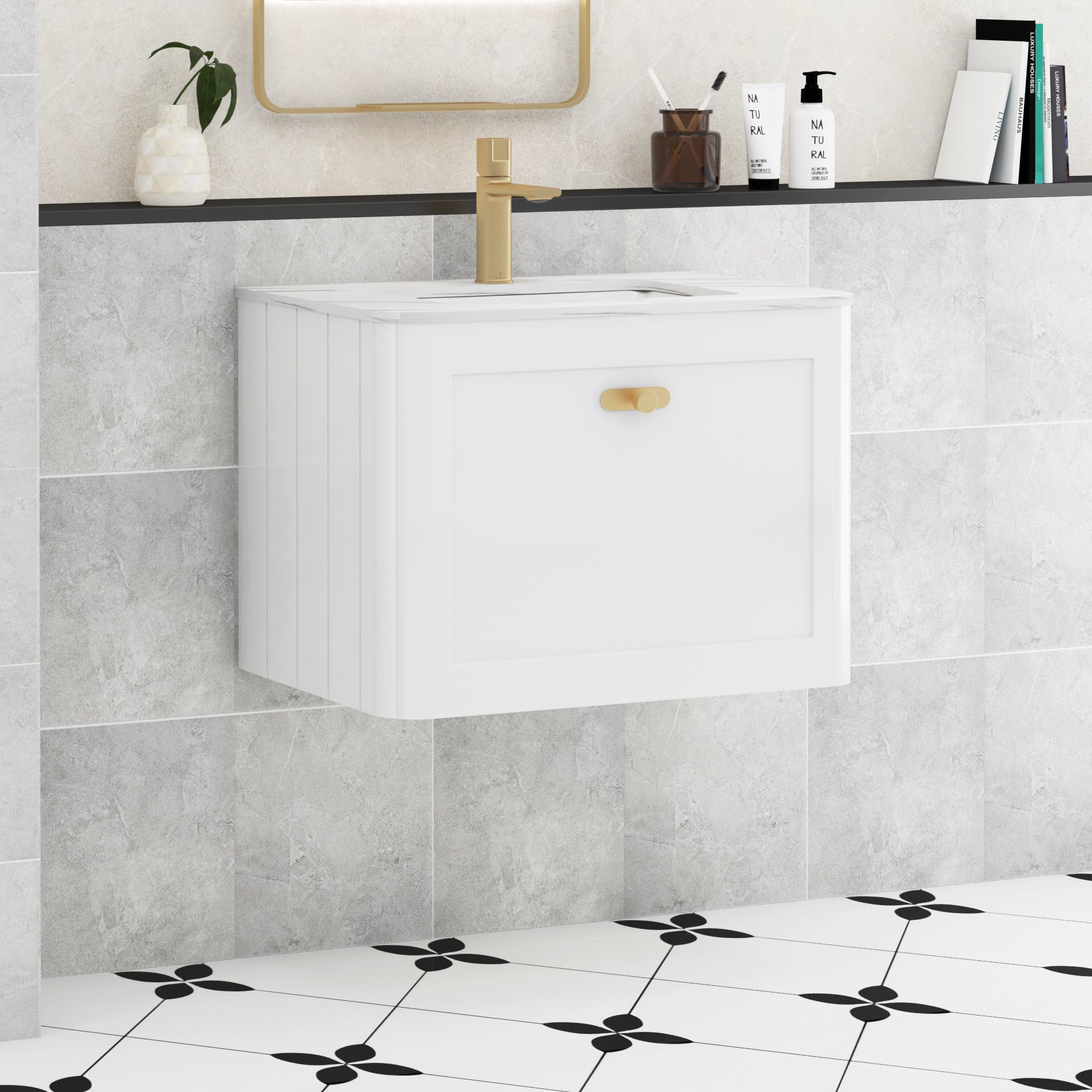 Henley Gloss White 1 Drawer Wall Hung Vanity Unit with Optional Basin, Undrilled Worktop & Knobs