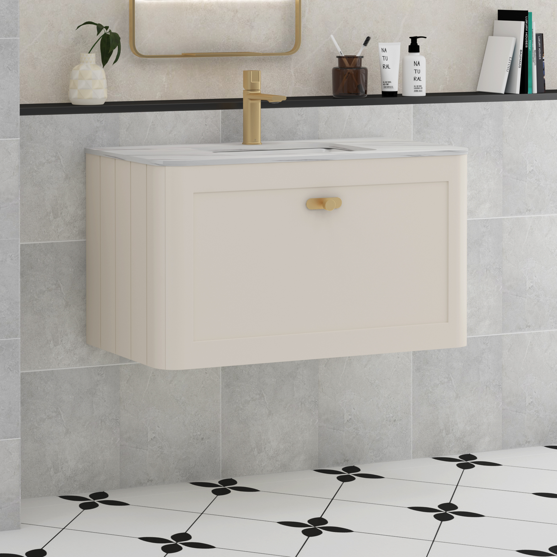 Henley Mushroom Cashmere 1 Drawer Wall Hung Vanity Unit with Optional Basin, Undrilled Worktop & Knobs
