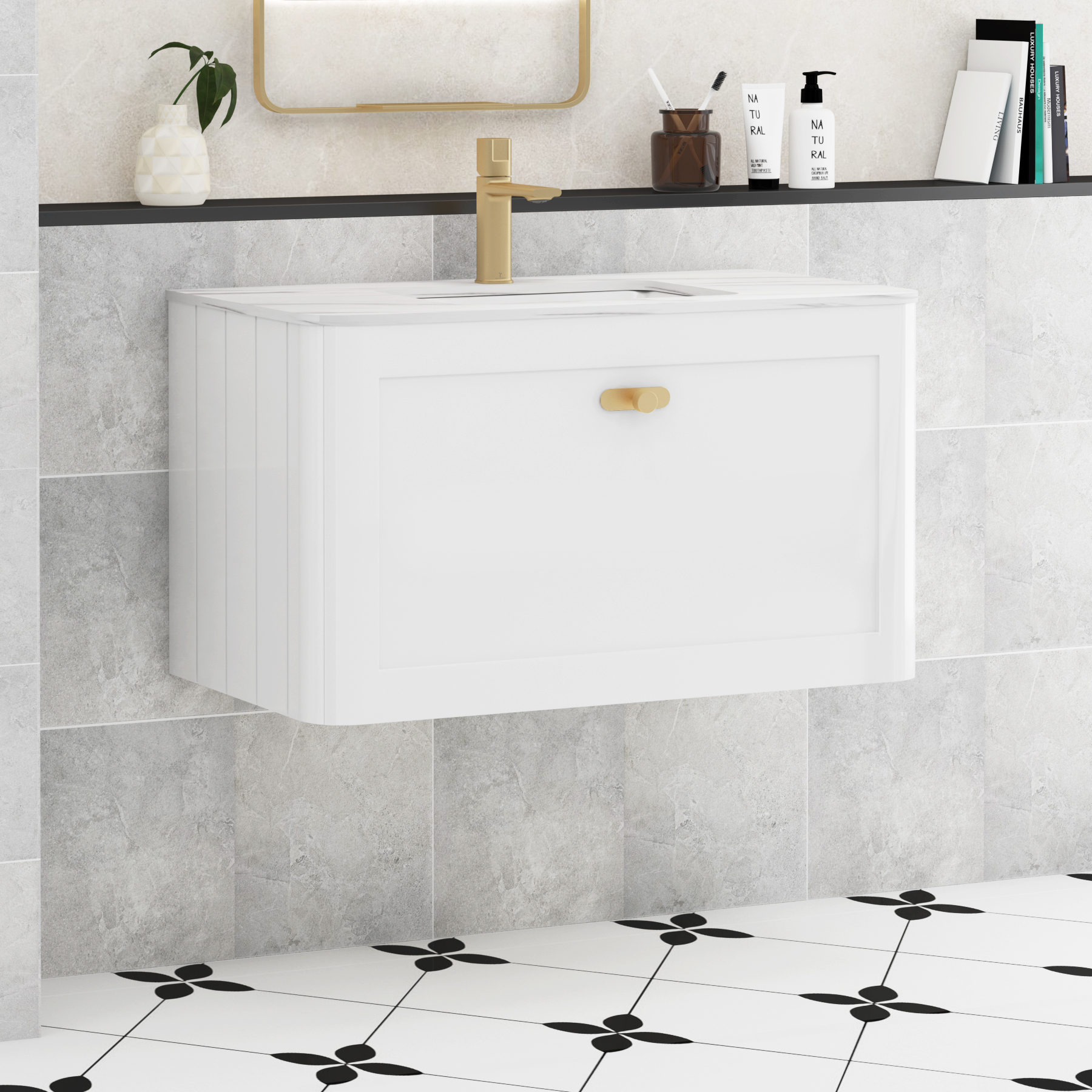 Henley Gloss White 1 Drawer Wall Hung Vanity Unit with Optional Basin, Undrilled Worktop & Knobs
