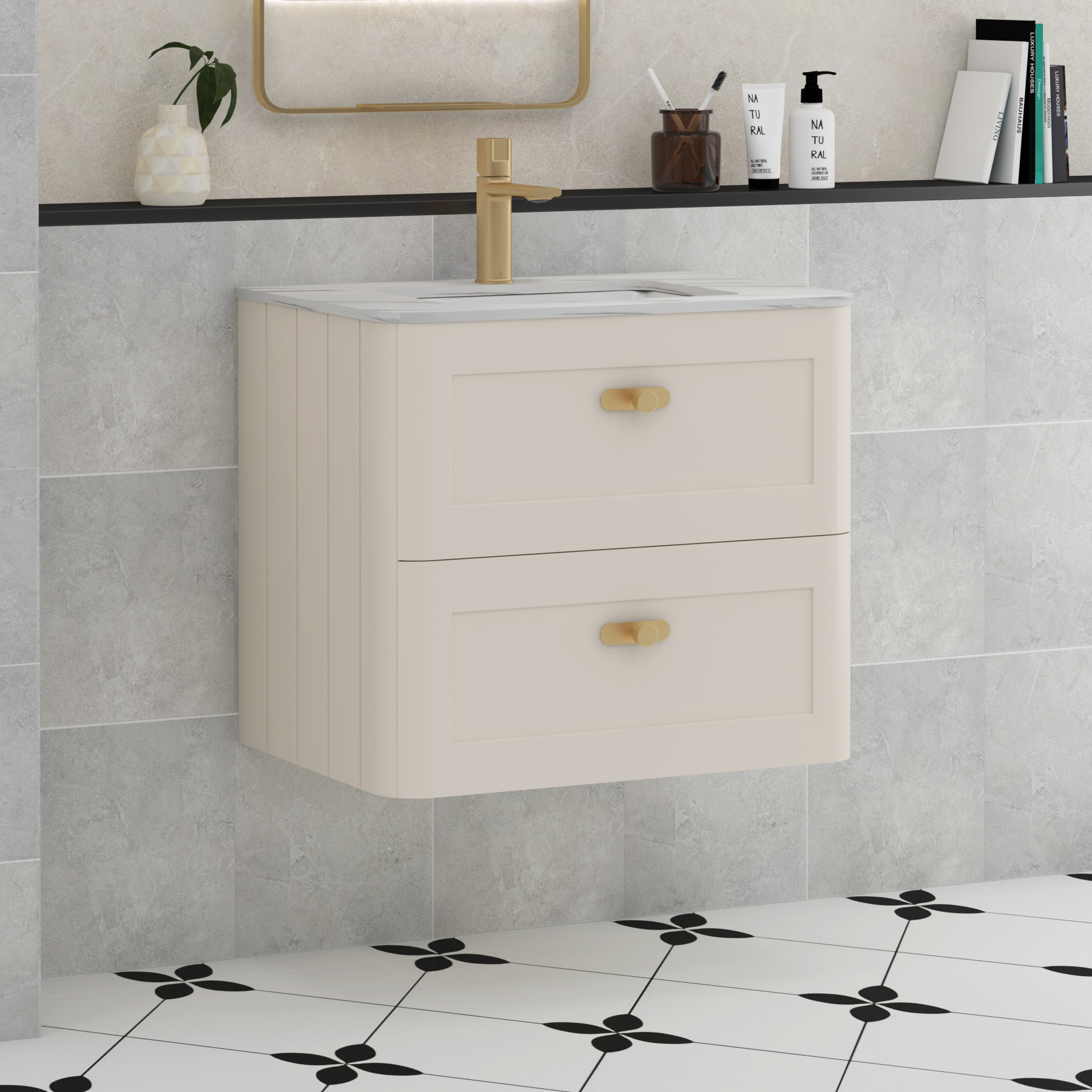 Henley Mushroom Cashmere 2 Drawer Wall Hung Vanity Unit with Optional Basin, Undrilled Worktop & Knobs