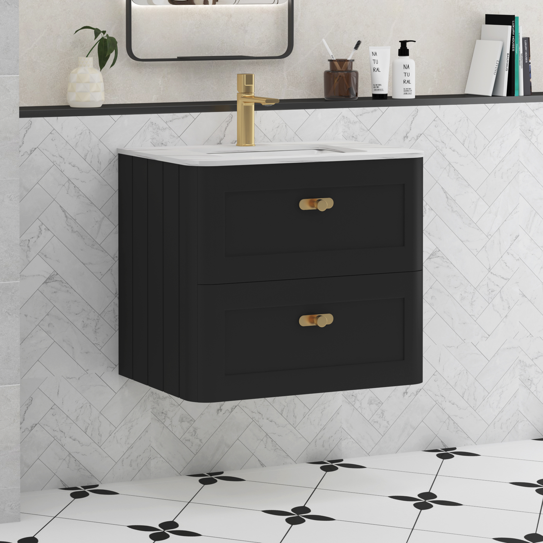 Henley Matt Nocturne Black 2 Drawer Wall Hung Vanity Unit with Optional Basin & Knobs