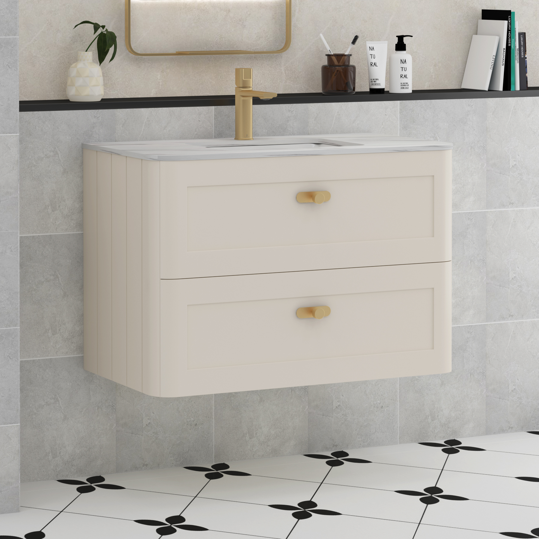 Henley Mushroom Cashmere 2 Drawer Wall Hung Vanity Unit with Optional Basin, Undrilled Worktop & Knobs