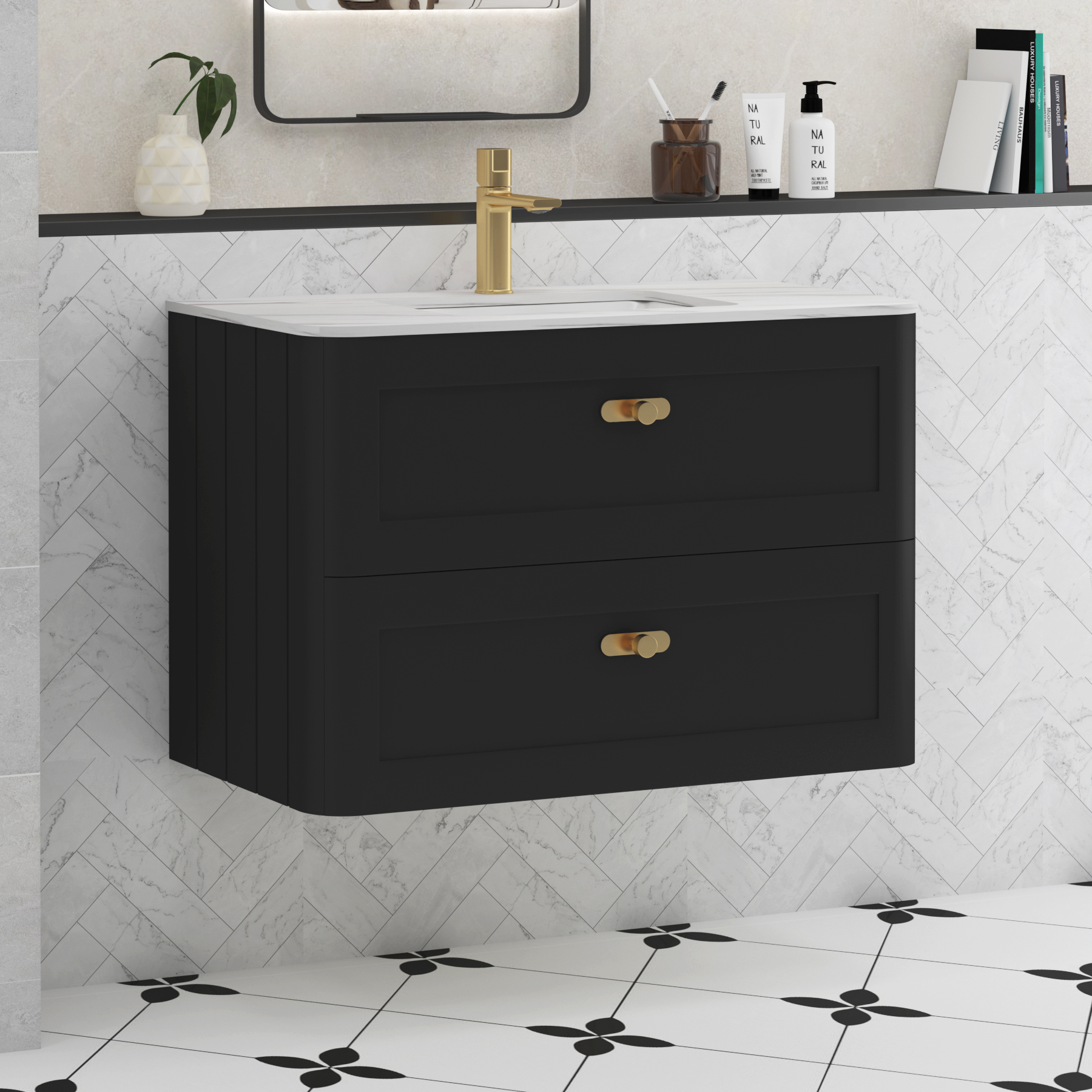 Henley Matt Nocturne Black 2 Drawer Wall Hung Vanity Unit with Optional Basin & Knobs