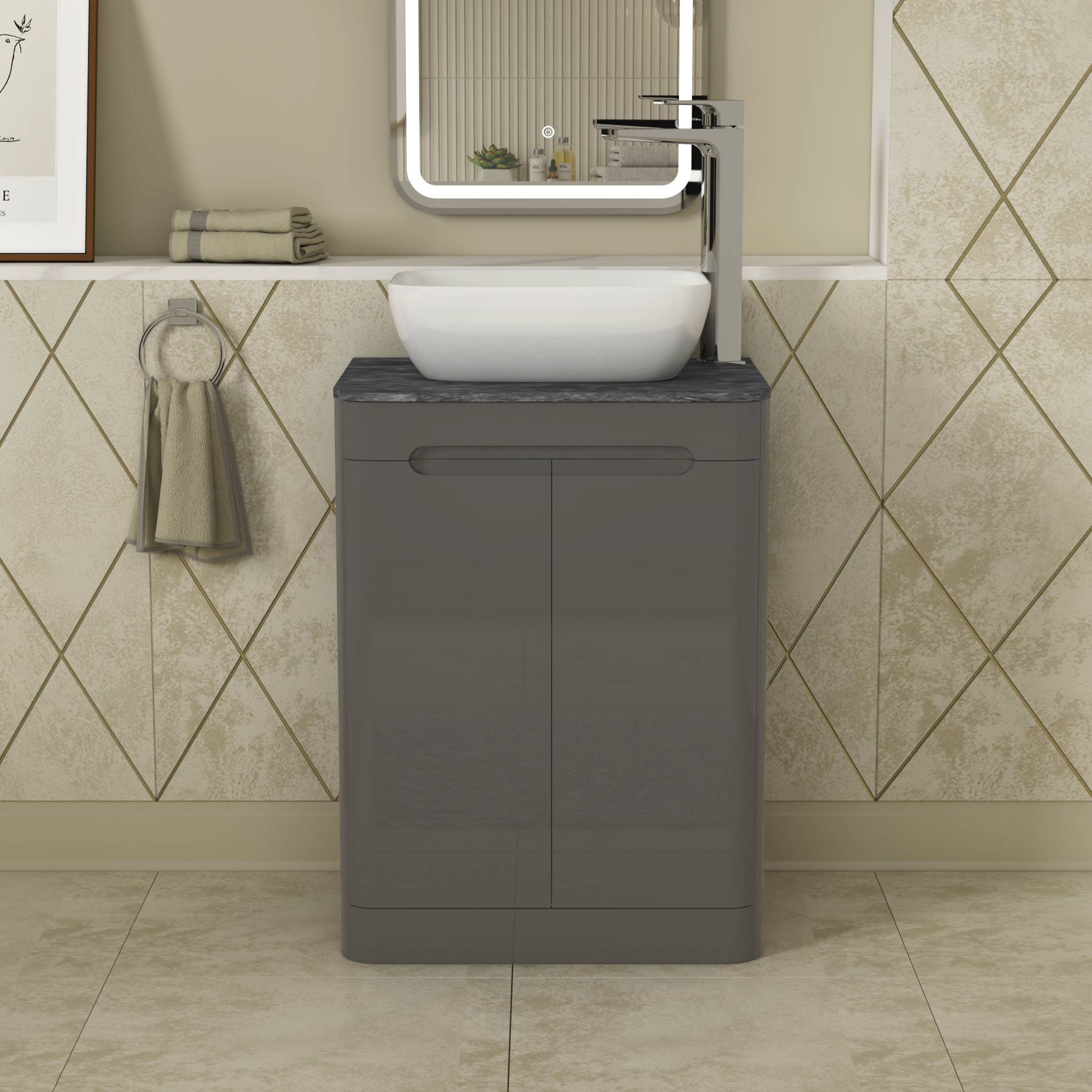Infinity 600mm Gloss Anthracite Floor Standing Vanity Unit 2 Door Black Star Countertop Basin - Elva