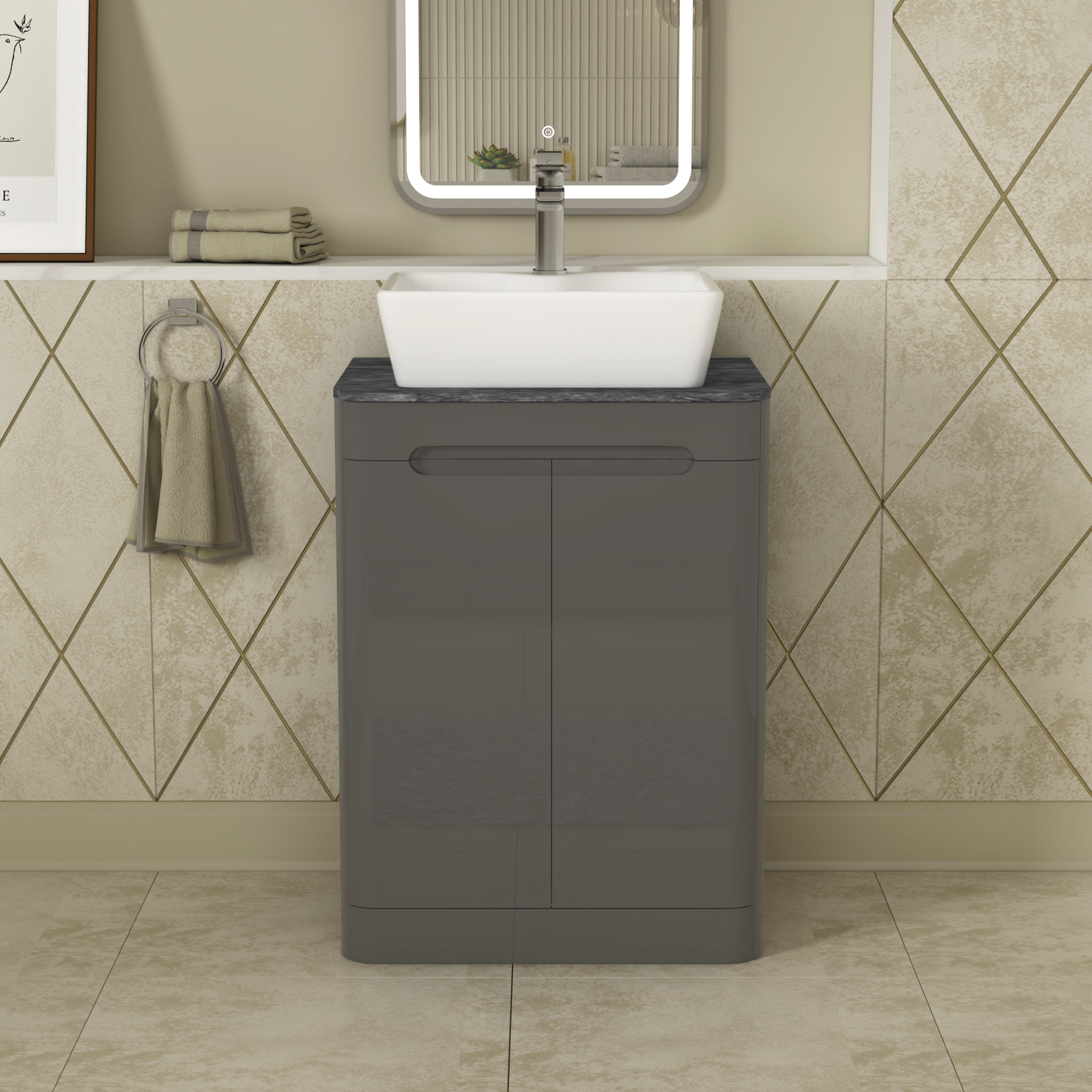 Infinity Gloss Anthracite 2 Door Floor Standing Black Star Vanity Unit White Worktop & Various Countertop Basins