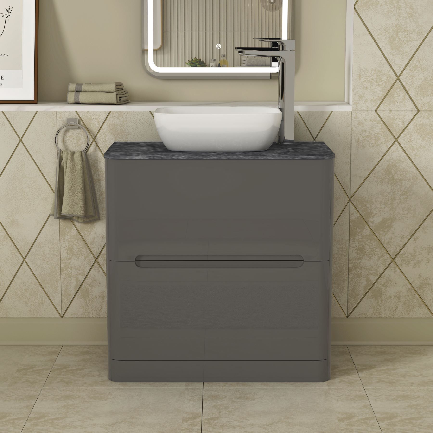 Infinity 800mm Gloss Anthracite Floor Standing Vanity Unit 2 Drawer Black Star Countertop Basin - Elva
