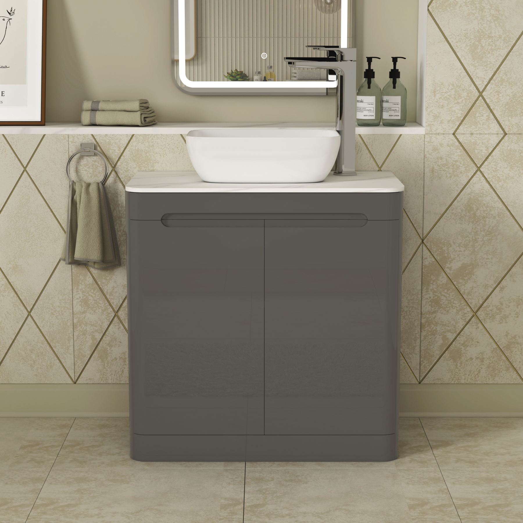 Infinity 800mm Gloss Anthracite Floor Standing Vanity Unit 2 Door Carrara White Countertop Basin - Elva
