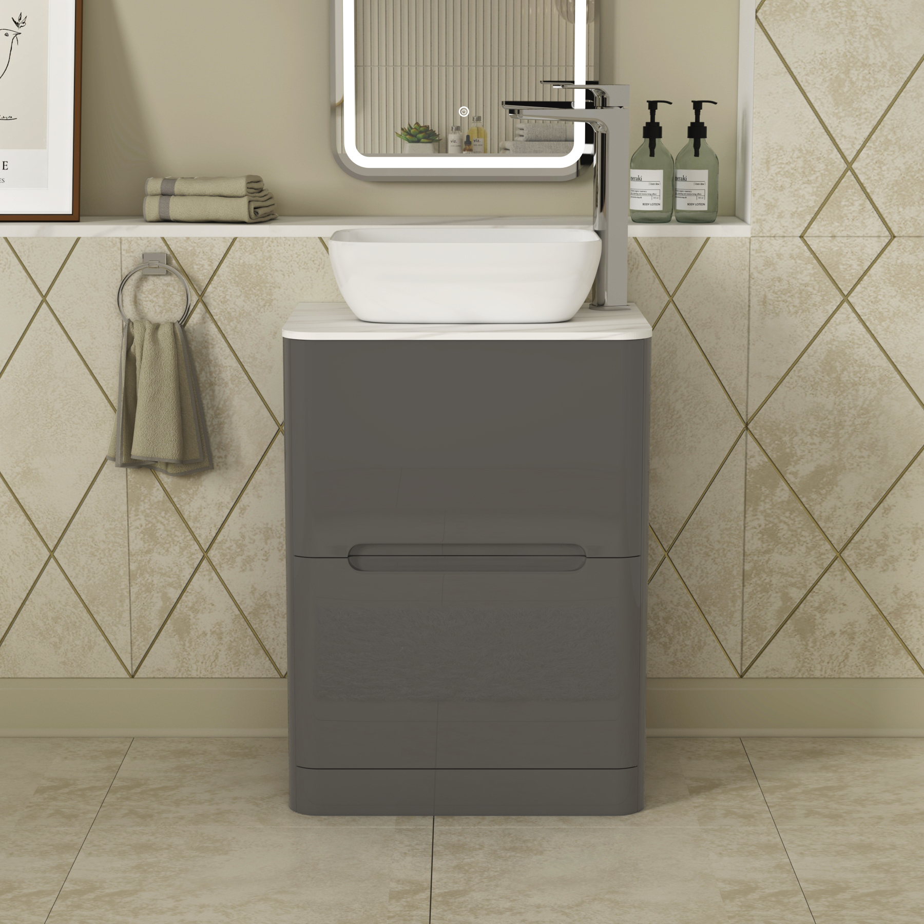 Infinity Gloss Anthracite 2 Drawer Floor Standing Carrara Vanity Unit White Worktop & Various Countertop Basins