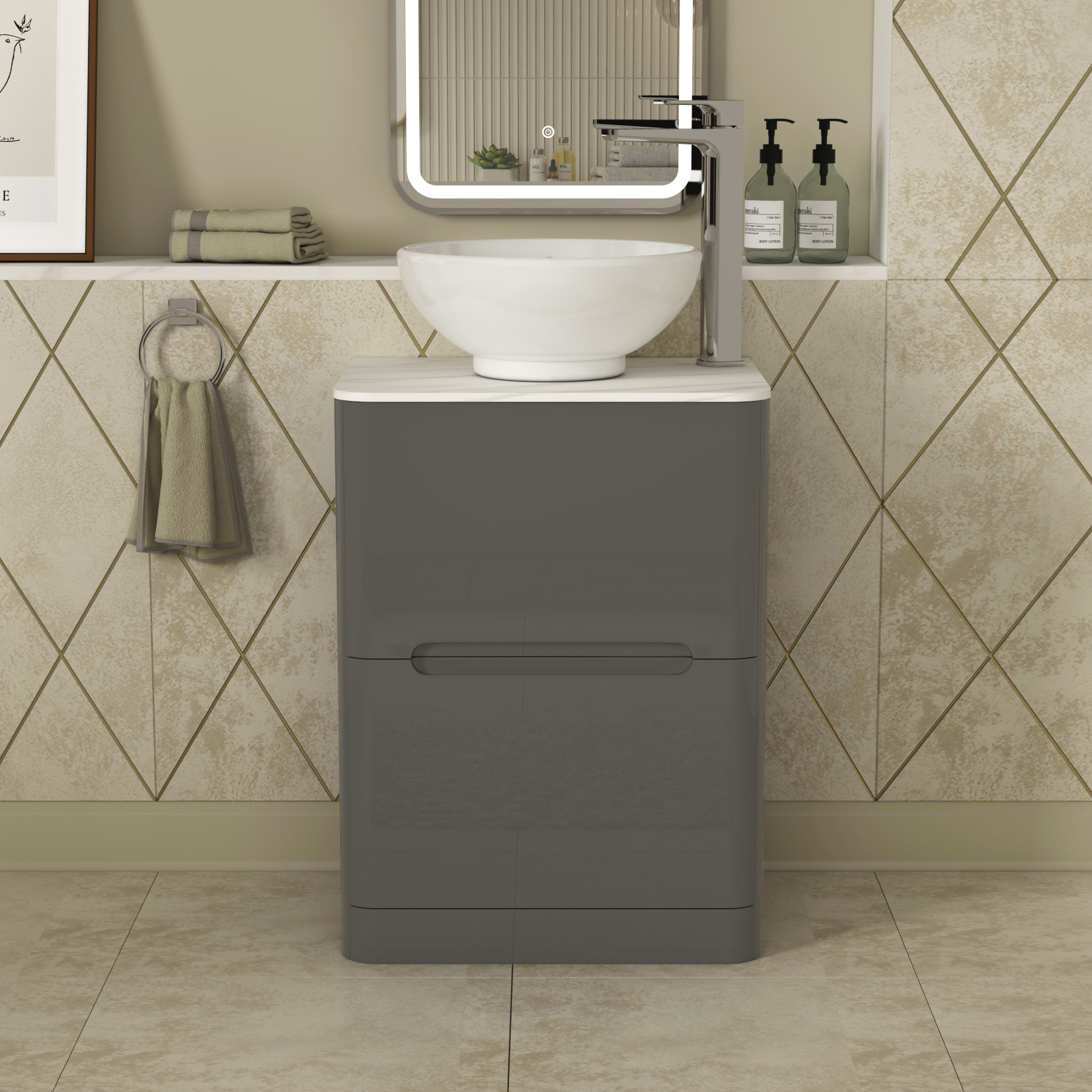 Infinity 600mm Gloss Anthracite Floor Standing Vanity Unit 2 Drawer Carrara White Countertop Basin - Breeze
