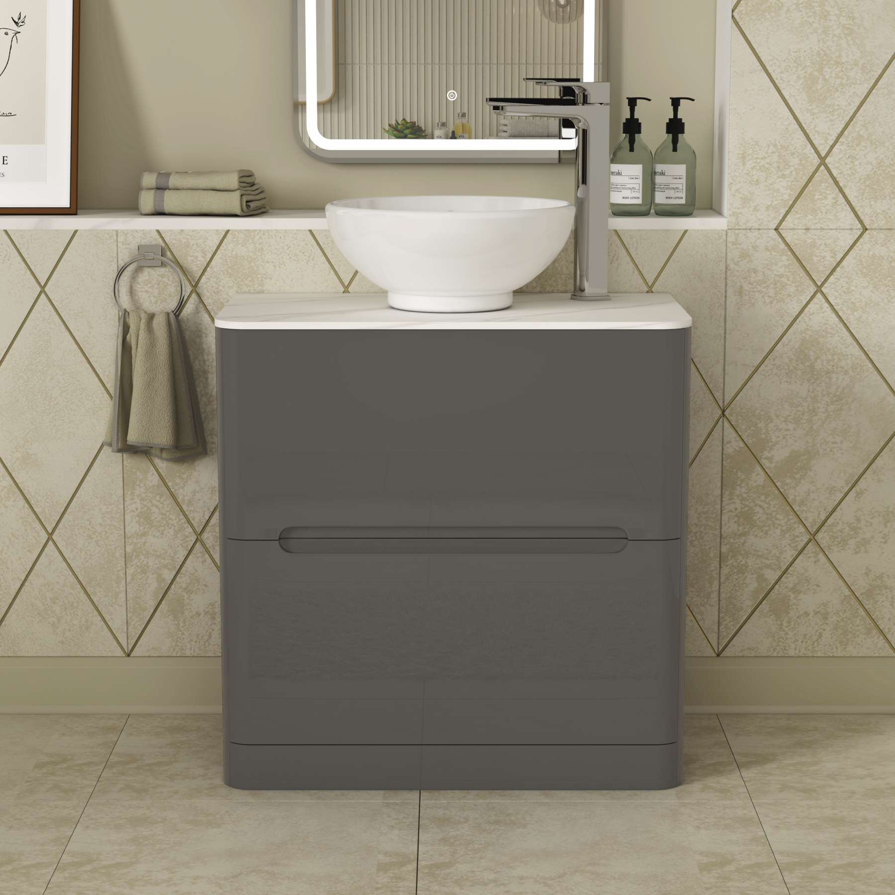Infinity 800mm Gloss Anthracite Floor Standing Vanity Unit 2 Drawer Carrara White Countertop Basin - Breeze