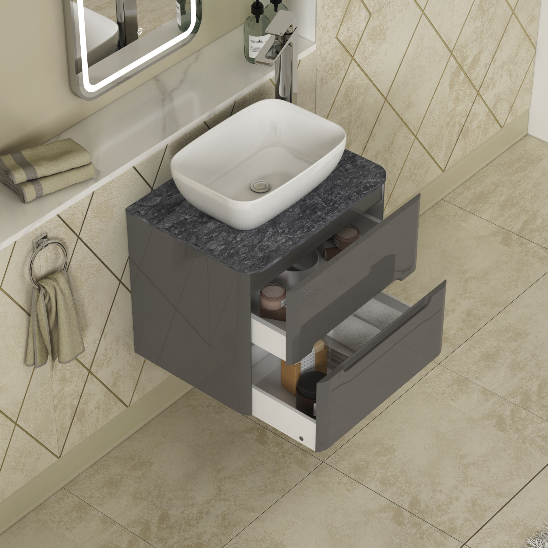 Infinity 600mm Gloss Anthracite Wall Hung Vanity Unit 2 Drawer Black Star Countertop Basin - Elva