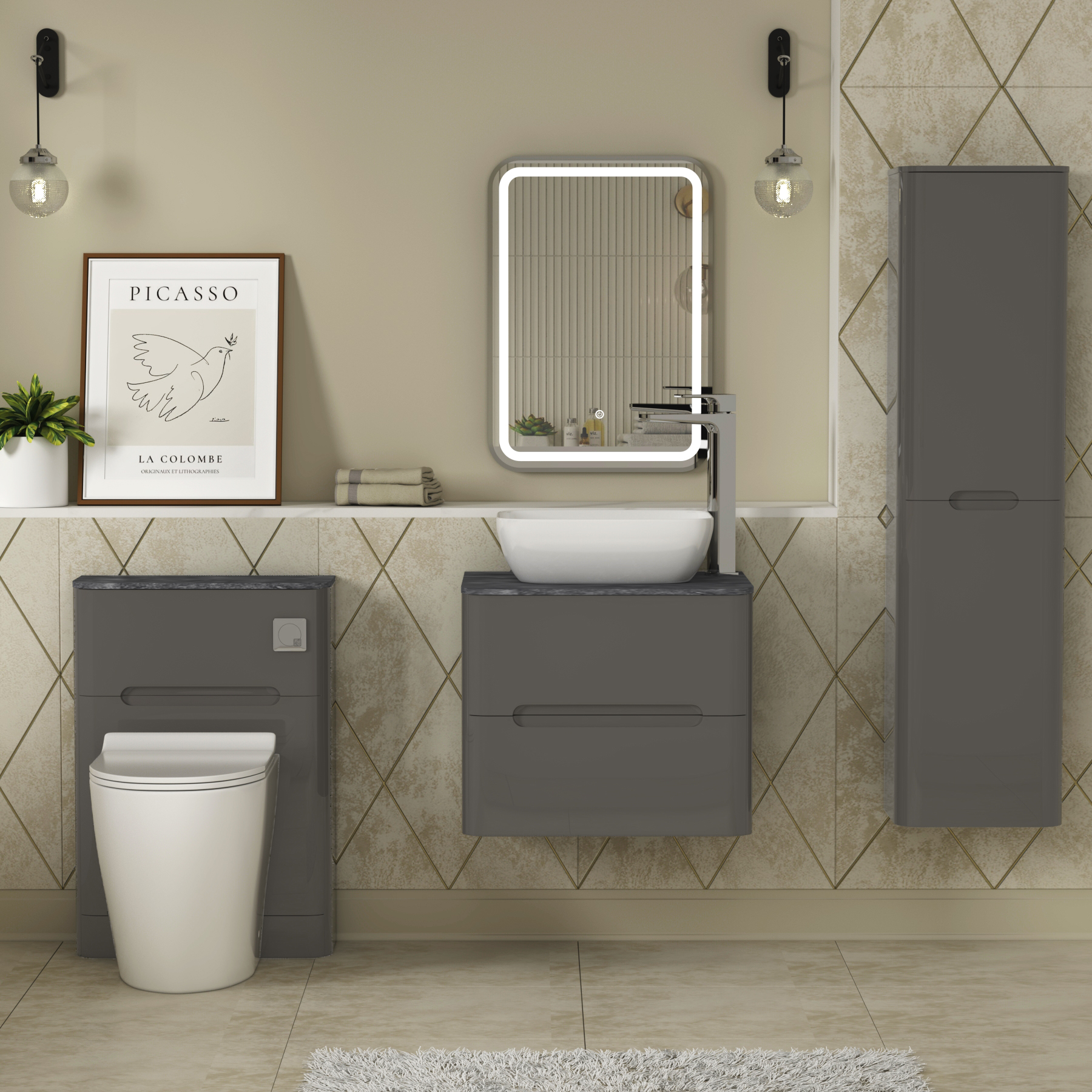 Infinity 600mm Gloss Anthracite Wall Hung Vanity Unit 2 Drawer Black Star Countertop Basin - Elva
