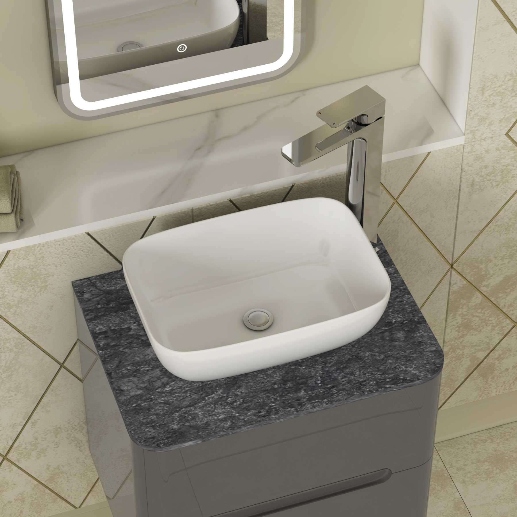 Infinity 600mm Gloss Anthracite Wall Hung Vanity Unit 2 Drawer Black Star Countertop Basin - Elva