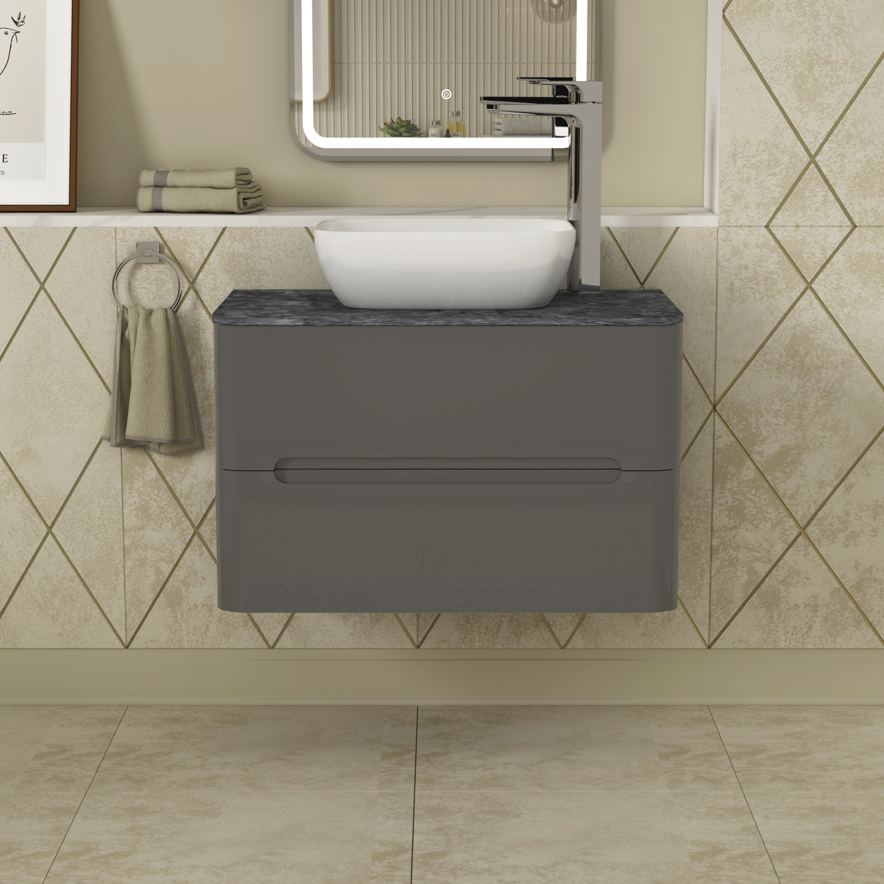 Infinity 800mm Gloss Anthracite Wall Hung Vanity Unit 2 Drawer Black Star Countertop Basin - Elva