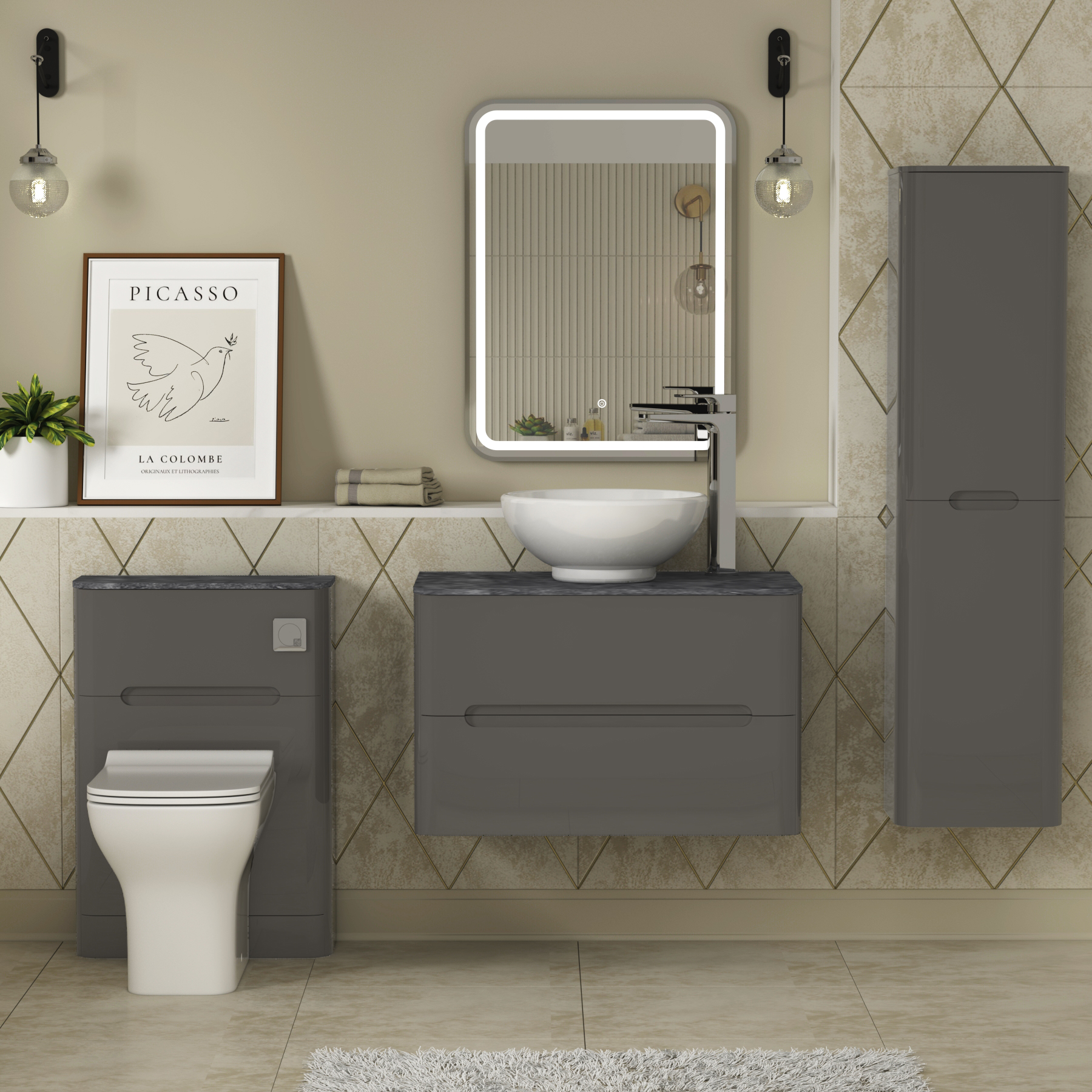 Infinity Gloss Anthracite 2 Drawer Wall Hung Vanity Unit Black Star Worktop & Various Countertop Basins