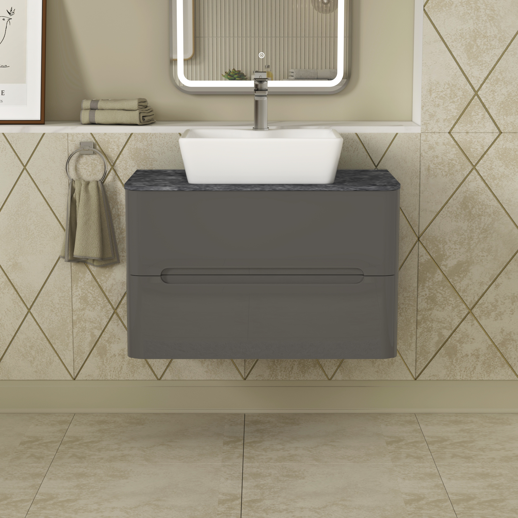 Infinity 800mm Gloss Anthracite Wall Hung Vanity Unit 2 Drawer Black Star Countertop Basin - Cube