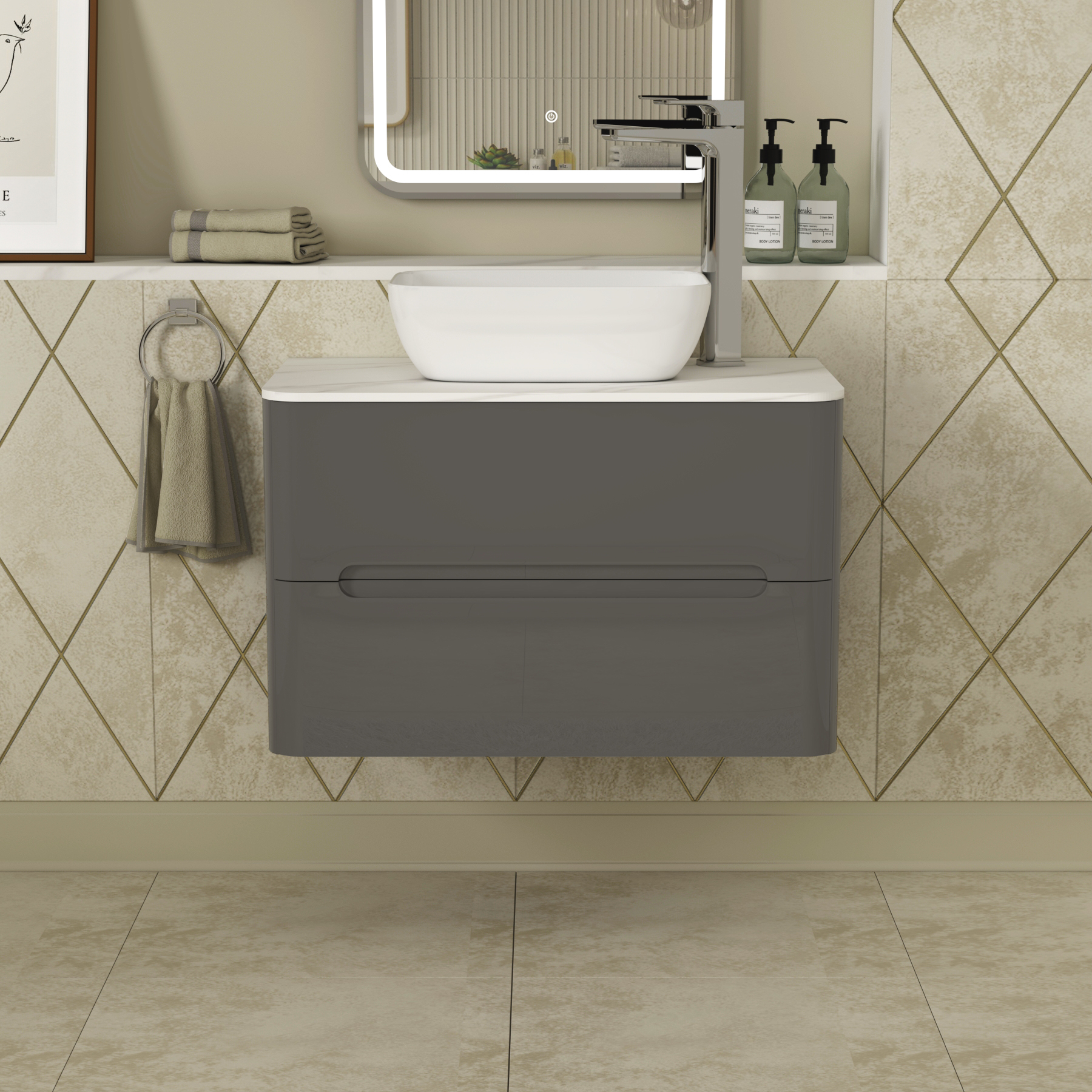 Infinity 800mm Gloss Anthracite Wall Hung Vanity Unit 2 Drawer Carrara White Countertop Basin - Elva