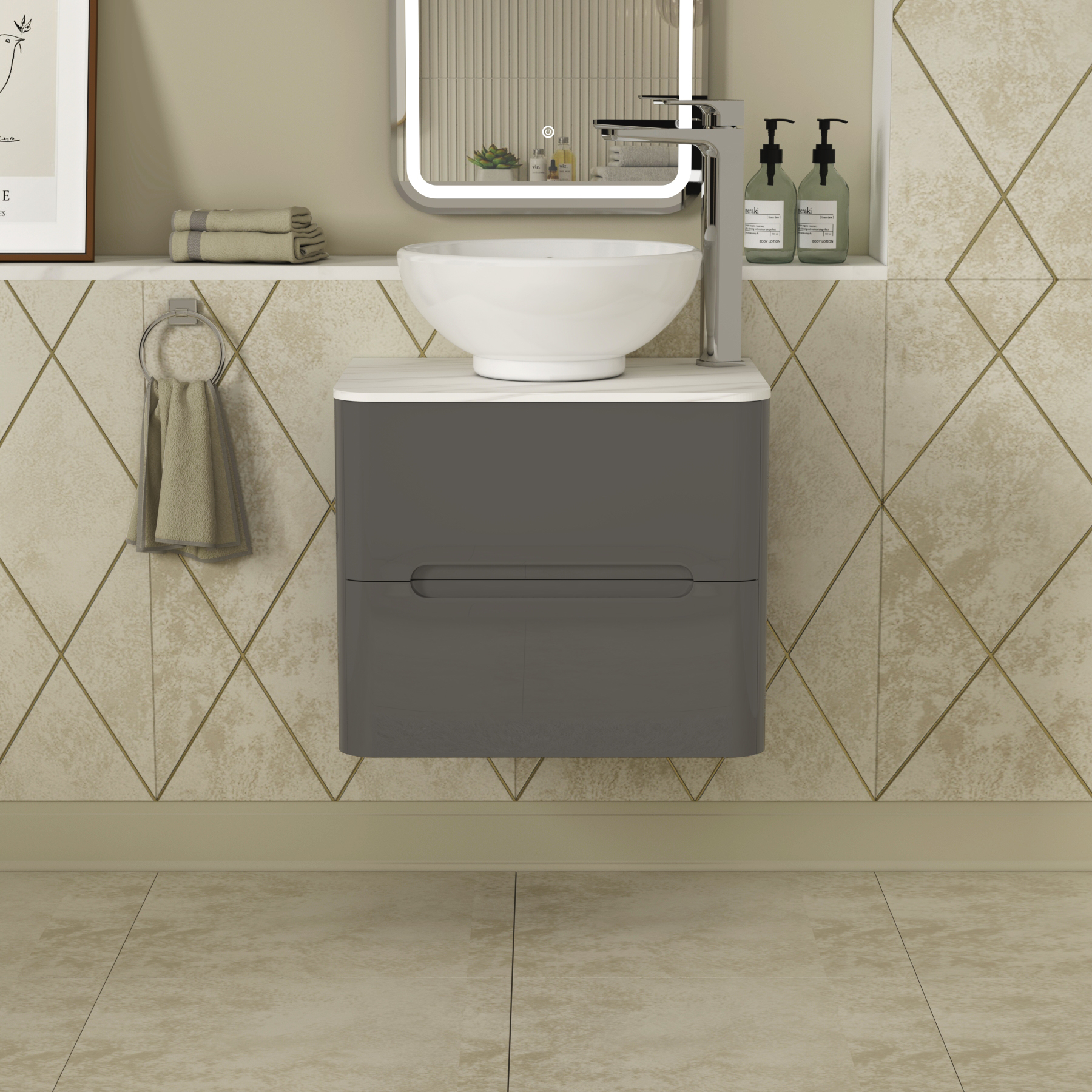 Infinity Gloss Anthracite 2 Drawer Wall Hung Carrara Vanity Unit White Worktop & Various Countertop Basins