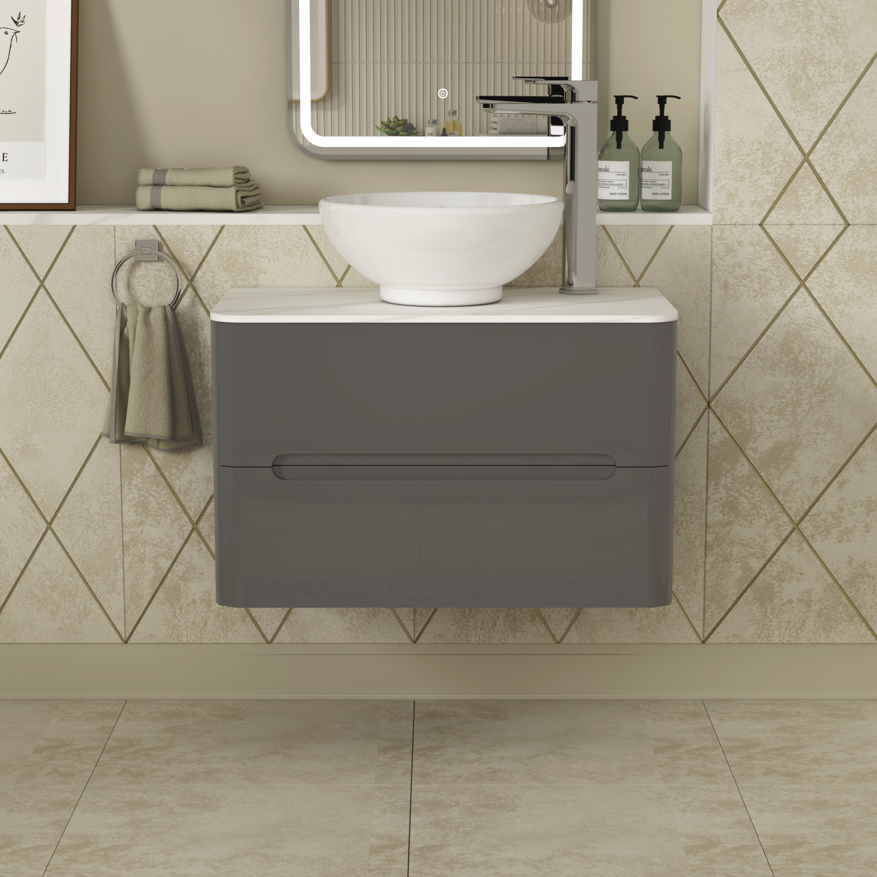 Infinity 800mm Gloss Anthracite Wall Hung Vanity Unit 2 Drawer Carrara White Countertop Basin - Breeze