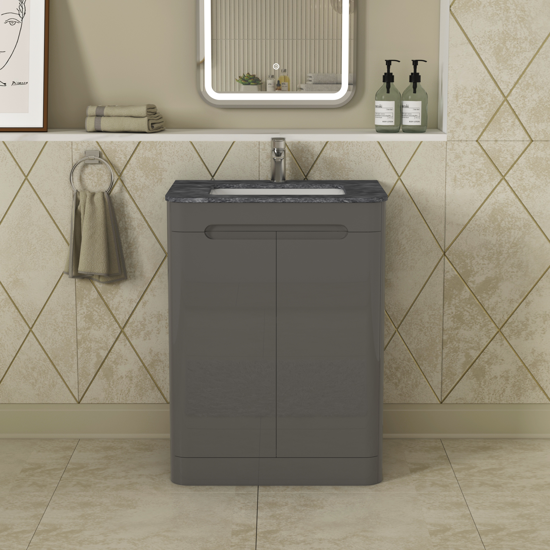 Infinity 600mm Gloss Anthracite Floor Standing Vanity Unit 2 Door with Black Star Top
