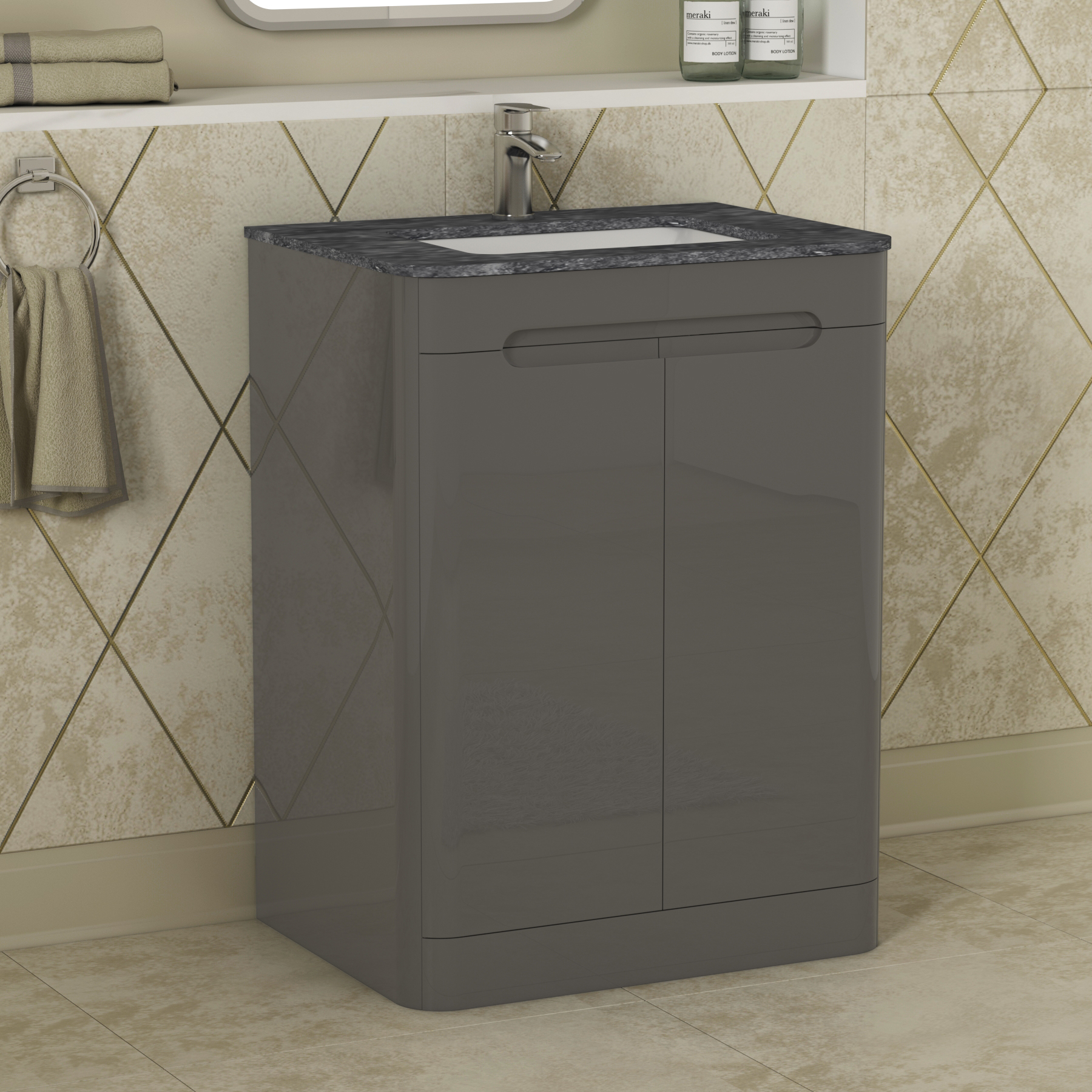 Infinity Gloss Anthracite 2 Door Floor Standing Vanity Unit with Black Star Top